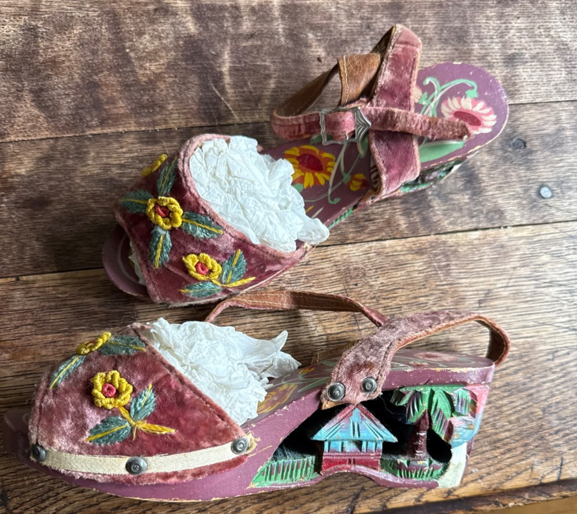 Vintage WWII Philippines Hand Carved Wood & Embroidered Velvet Bakya Shoes