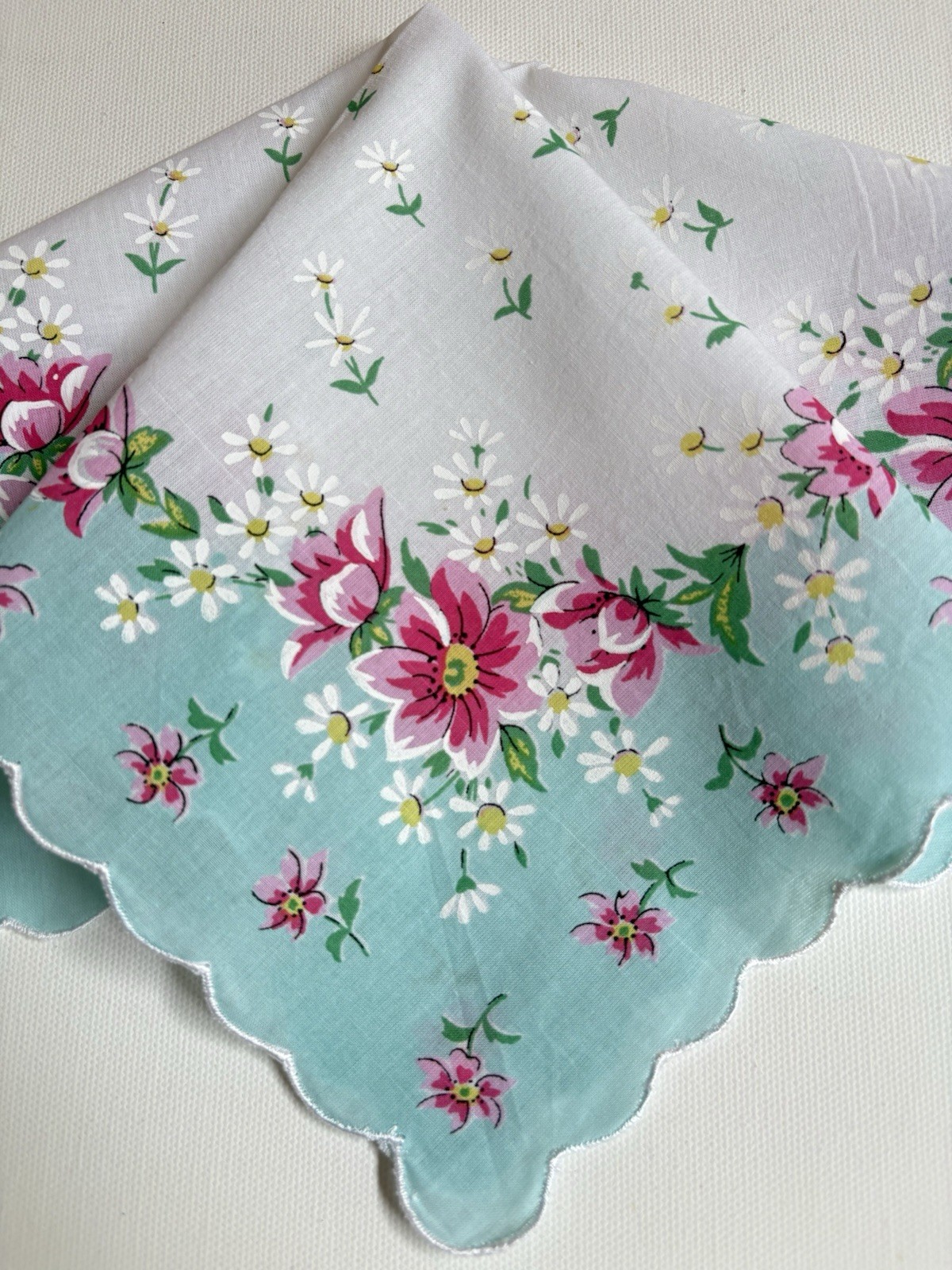 Beautiful New LuRay Pink Rose Handkerchief Hankie With Lovely Aqua Border