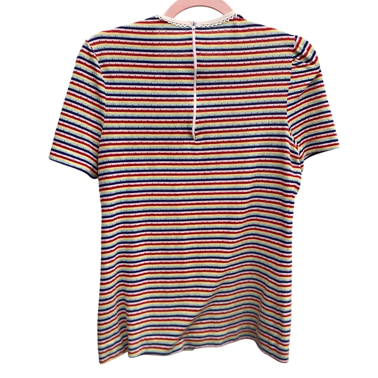 Vintage Jantzen Rainbow Stripe Pointelle Knit Top Lace Trim Short Sleeve Medium