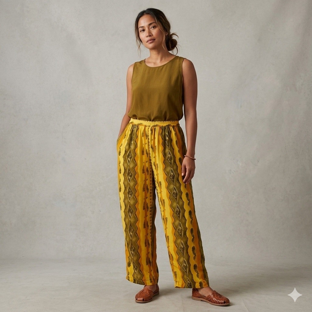 Vintage Fixation Womens Size 3X Plus Size India Pants Yellow Green Boho Wide Leg
