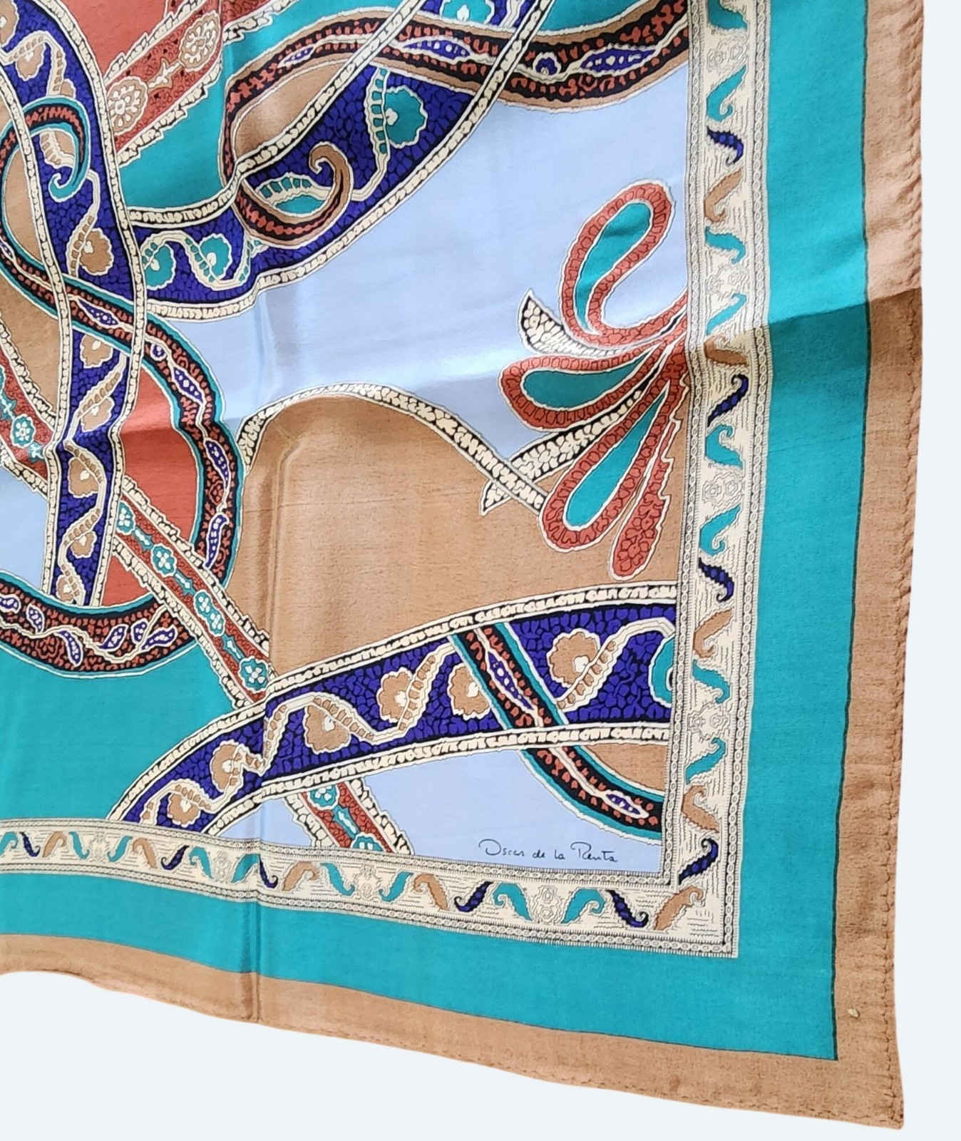 Vtg Oscar De La Renta Silk Scarf Paisley & Ribbon Multi-Color 35″ Square