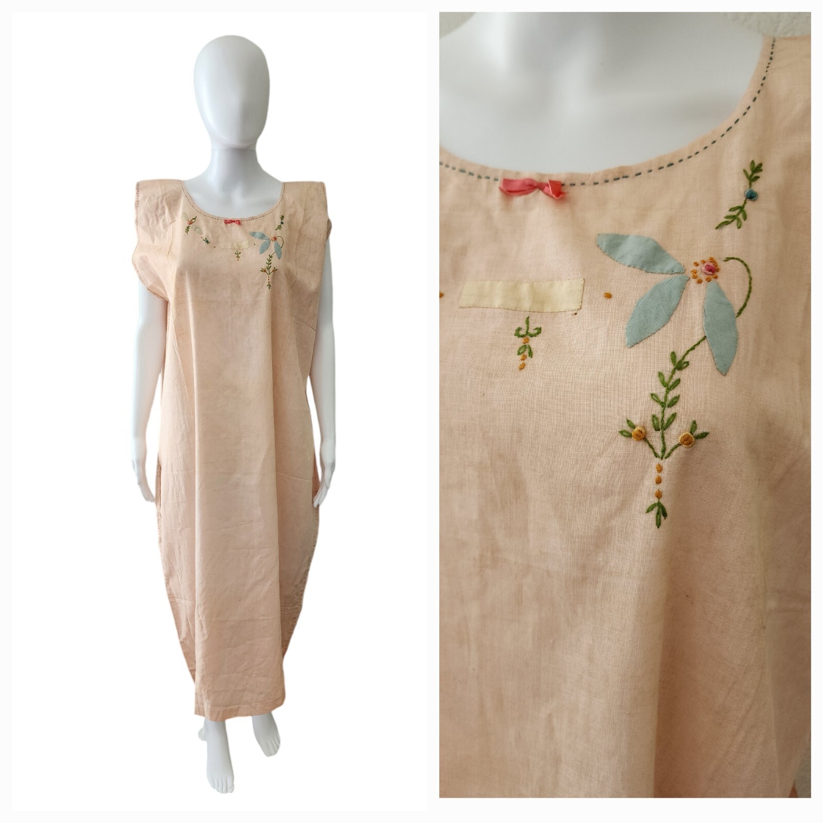 Antique 1920s Deco Cotton/Linen Floral Embroidered Nightgown