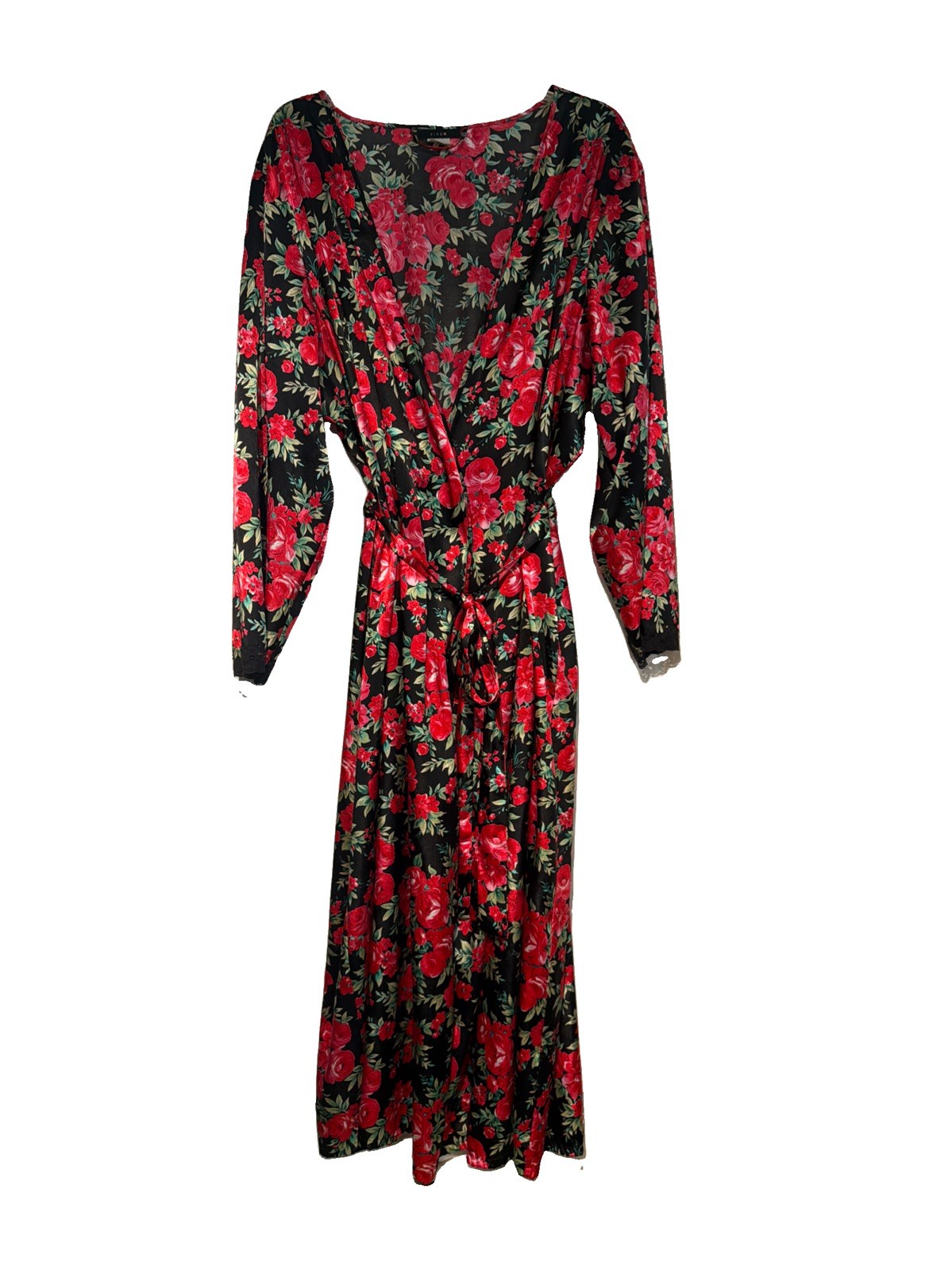 Pink K Vintage Women’s Floral Robe 2X Long Black Pink Red Roses Good Pre-owned