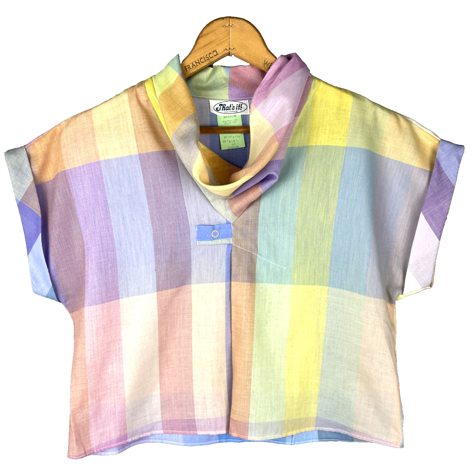 VTG 80s Thats It Pastel Rainbow Plaid Blouse Cowl Neck Boxy Top Medium Fairy Kei
