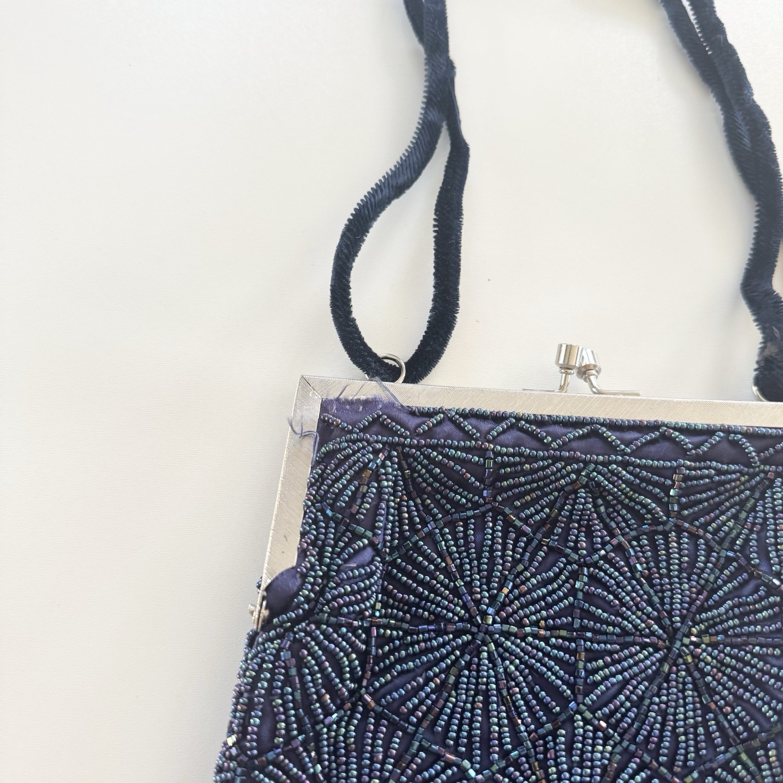 Vintage Navy Blue Beaded Evening Purse With Multi Use Strap Made In China