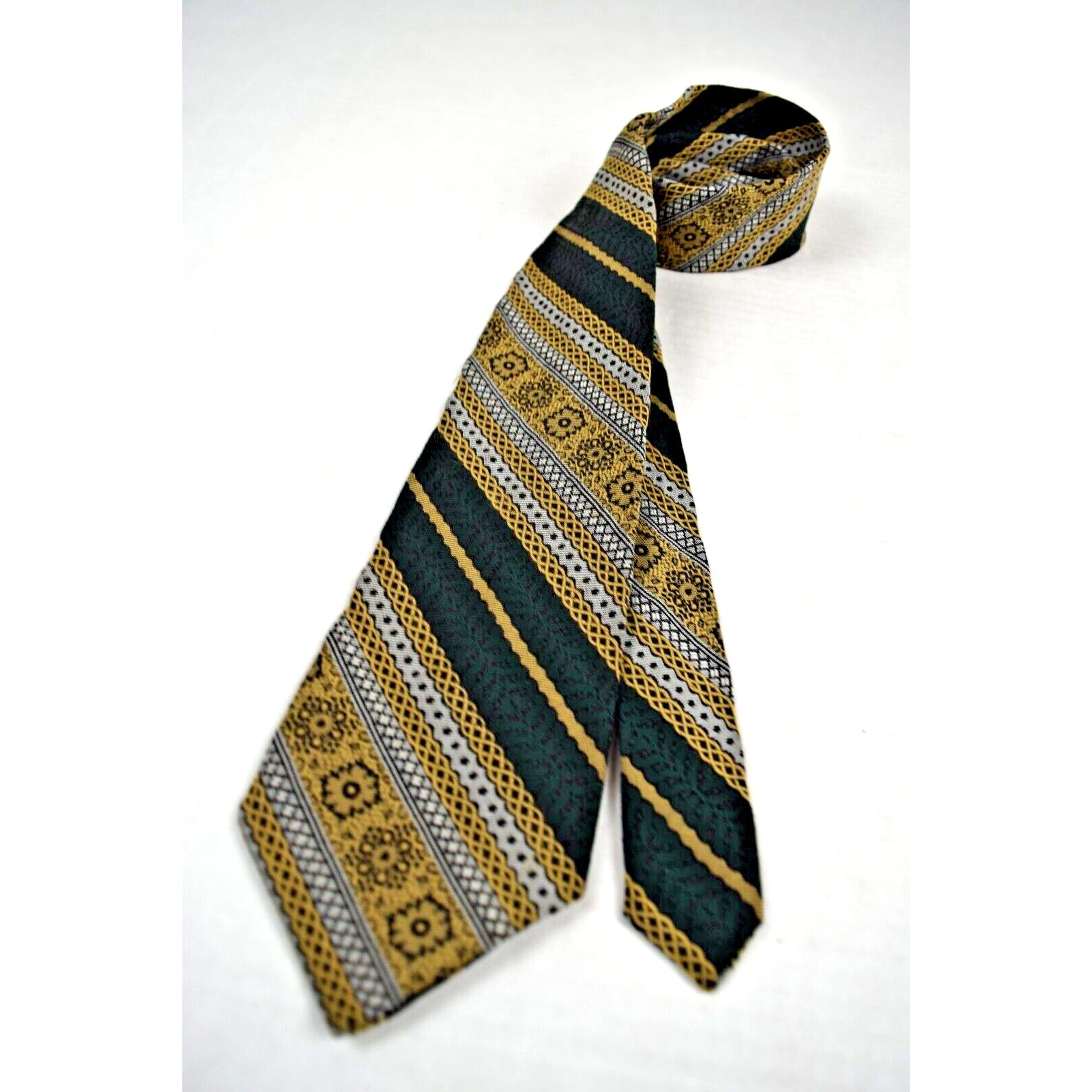 Neck Tie VTG Acetate Rayon 60s Golden Geometric Fancy Back Stripe Tie 54″ x 3.5″