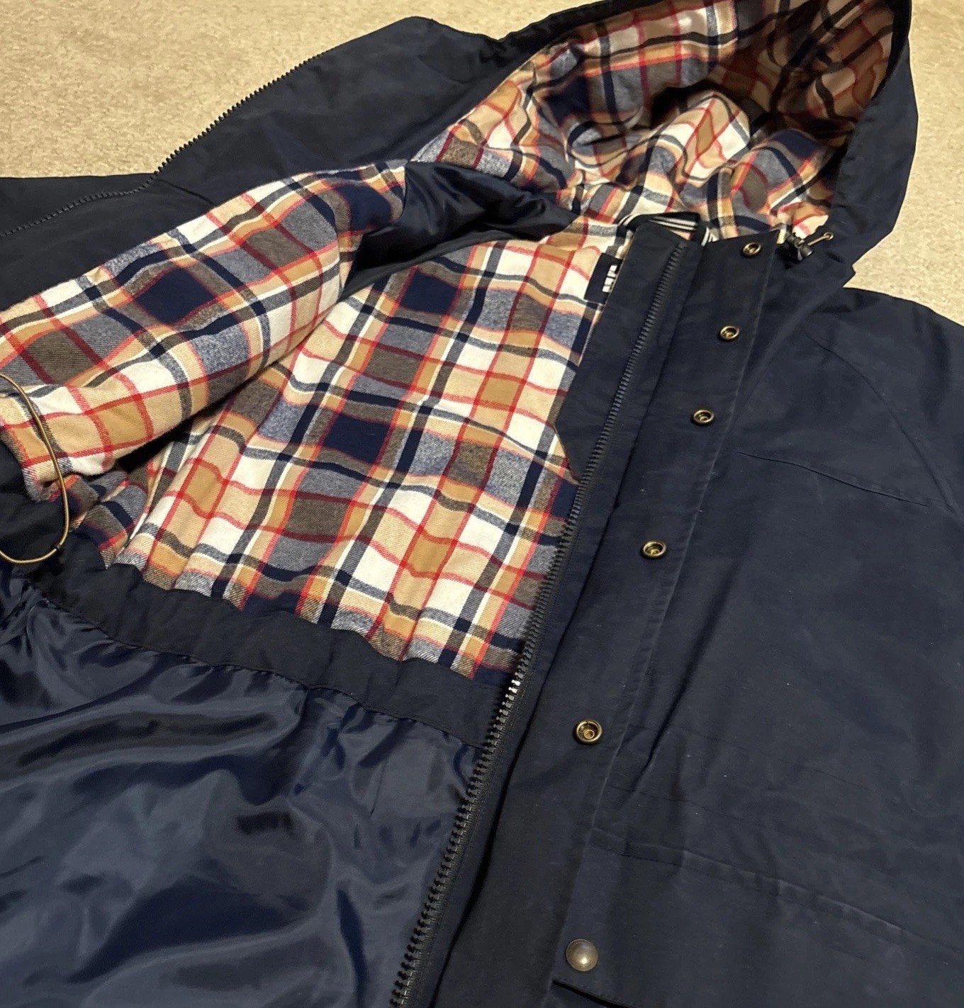 Navy Hood Mens Lands End Medium Vtg Squall Slicker Waterproof Lined Rain Coat