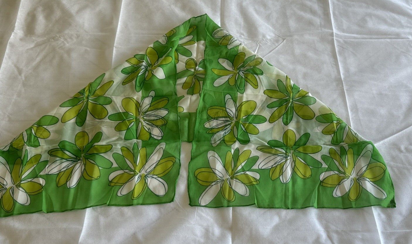 Vtg Mid Century Modern 42×16 Sheer Rayon Rectangle Green Floral Scarf Japan D18