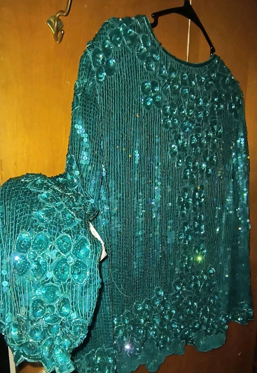 Vintage 80s Scala Sequined Evening Blouse-Mermaid Teal-