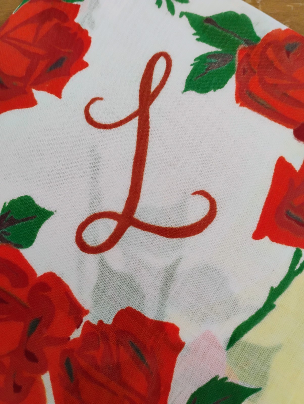 Vgt L Monogram Printed Red Roses On Yellow Cotton Hankie Handkerchief