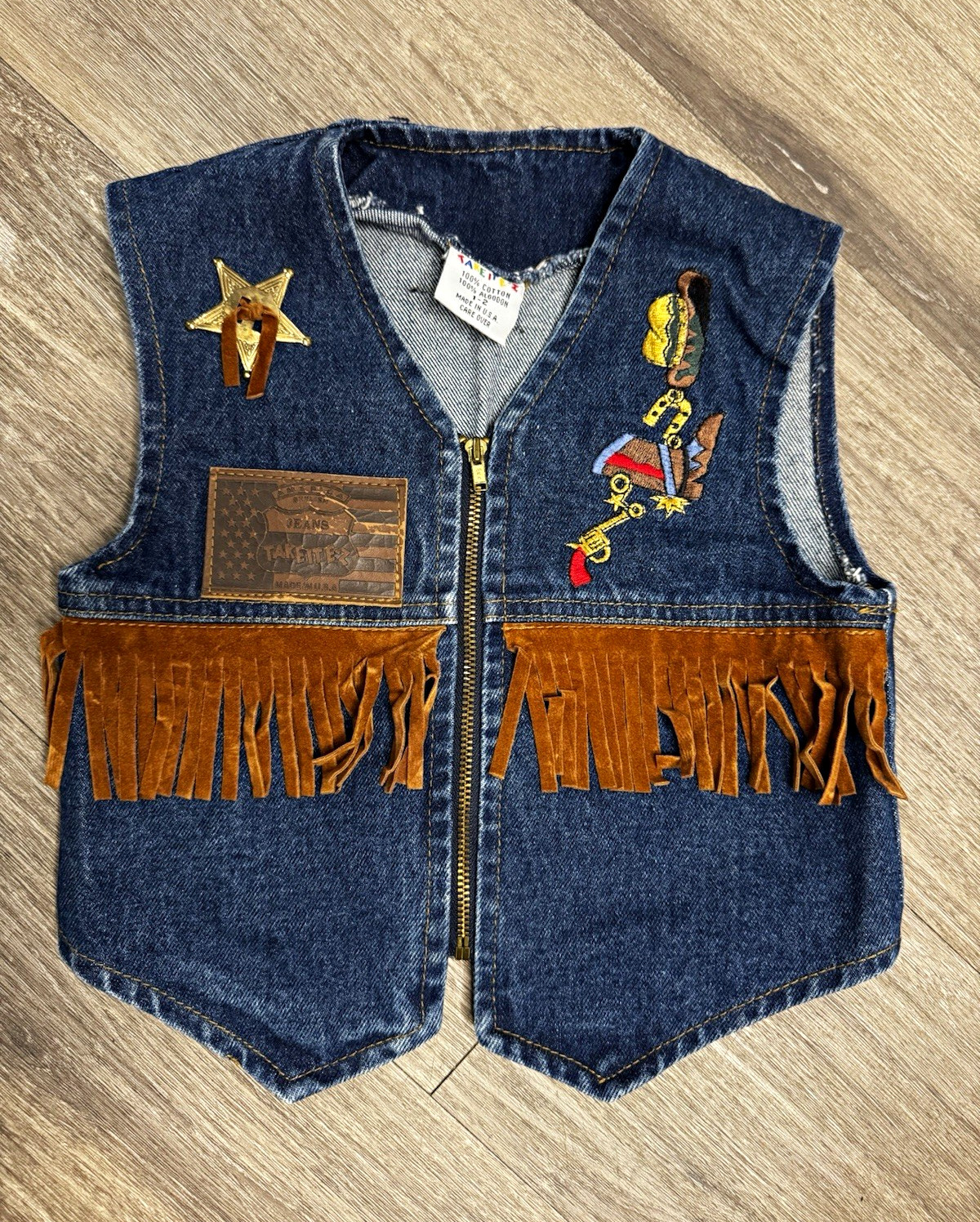 Vintage Take It-Ez Kids Unisex Denim Vest Size 1-2 Blue/Brown Fringe Zip Front