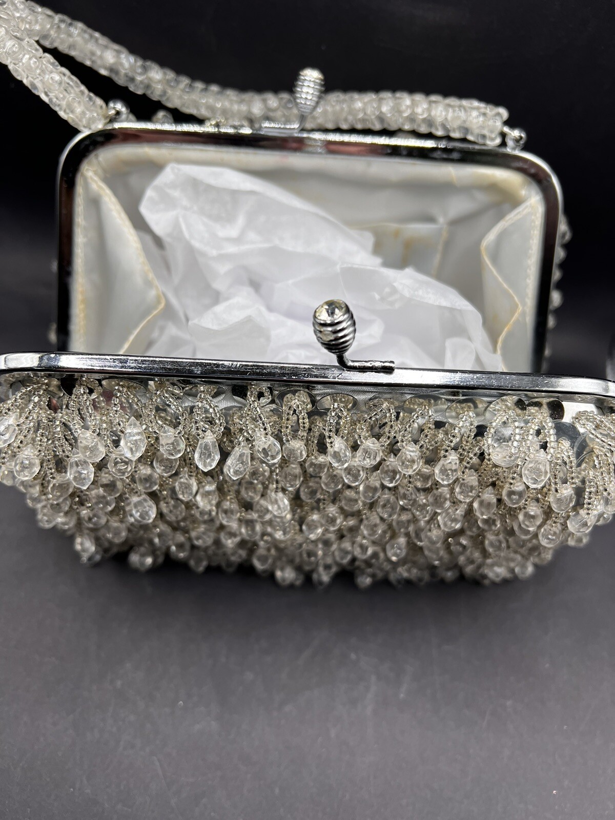 Vtg Beaded HandBag Silver & Clear Evening Purse Hong Kong Prom Wedding 60s 70s