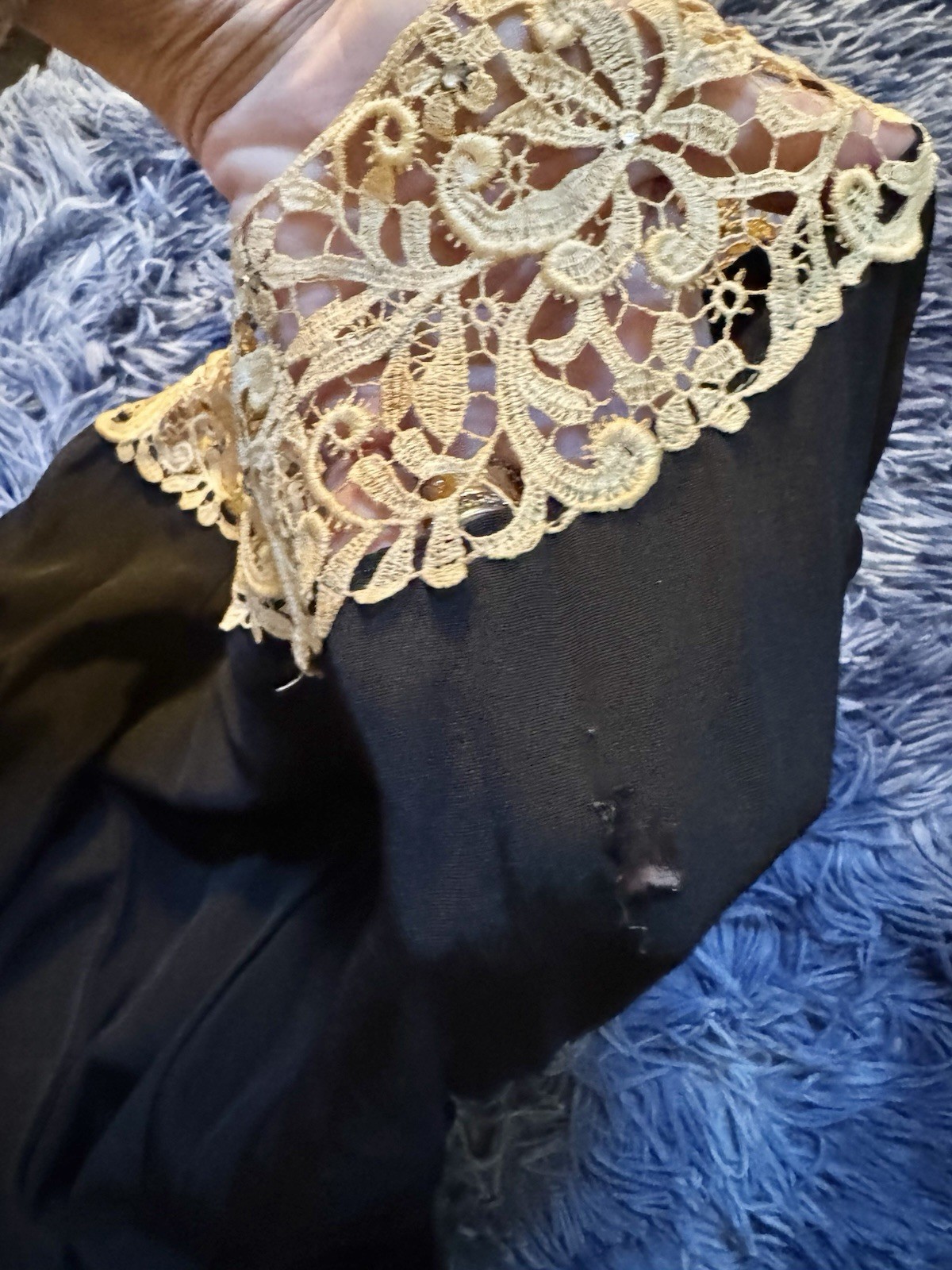 Vtg 1940s Rayon Draped Bustle Dress Black Off White Lace Rhinestones Bombshell