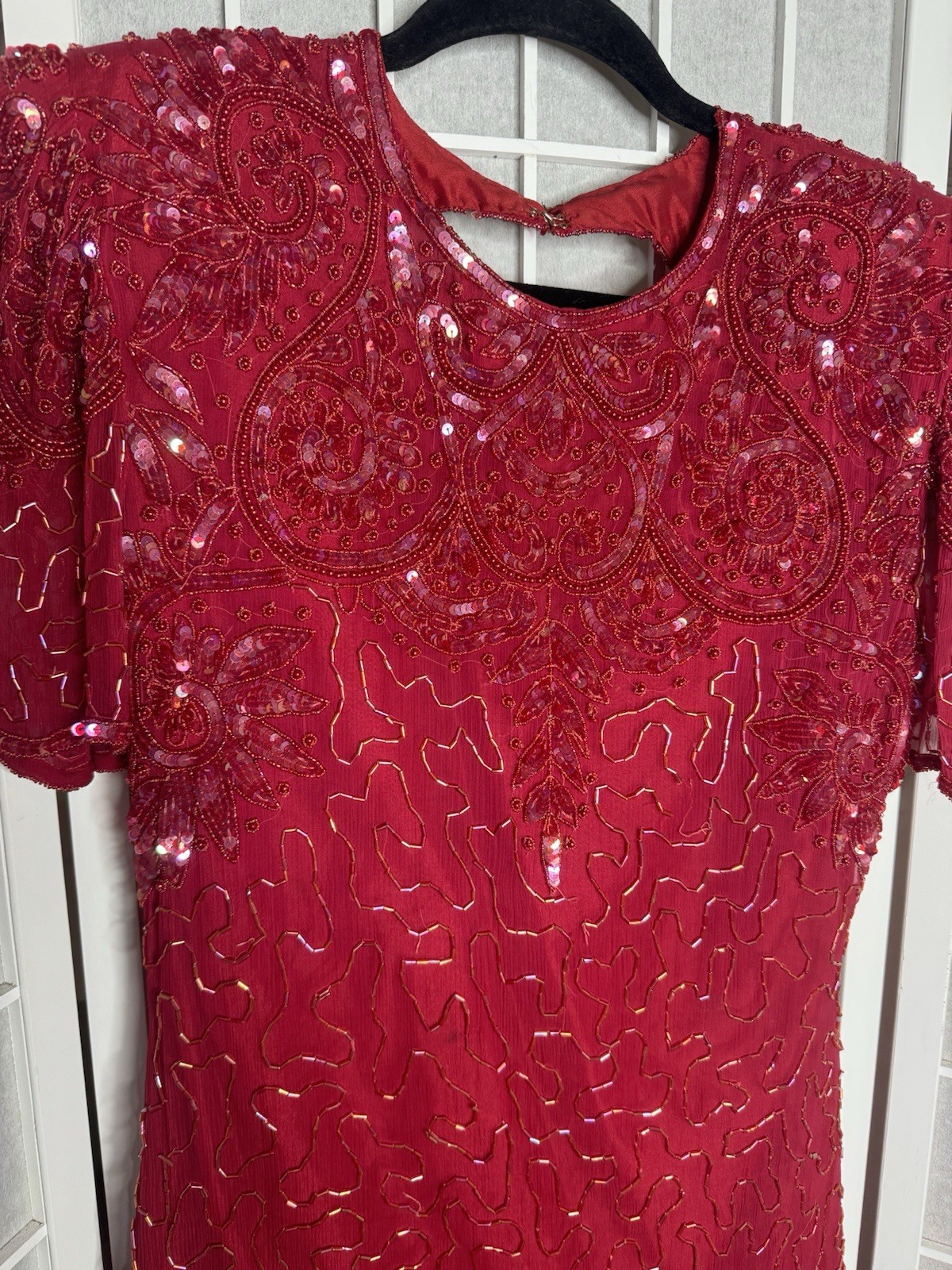 Silky Nites Cherish Vintage 80s Red Sequin Beaded Silk Formal Party Dress Medium