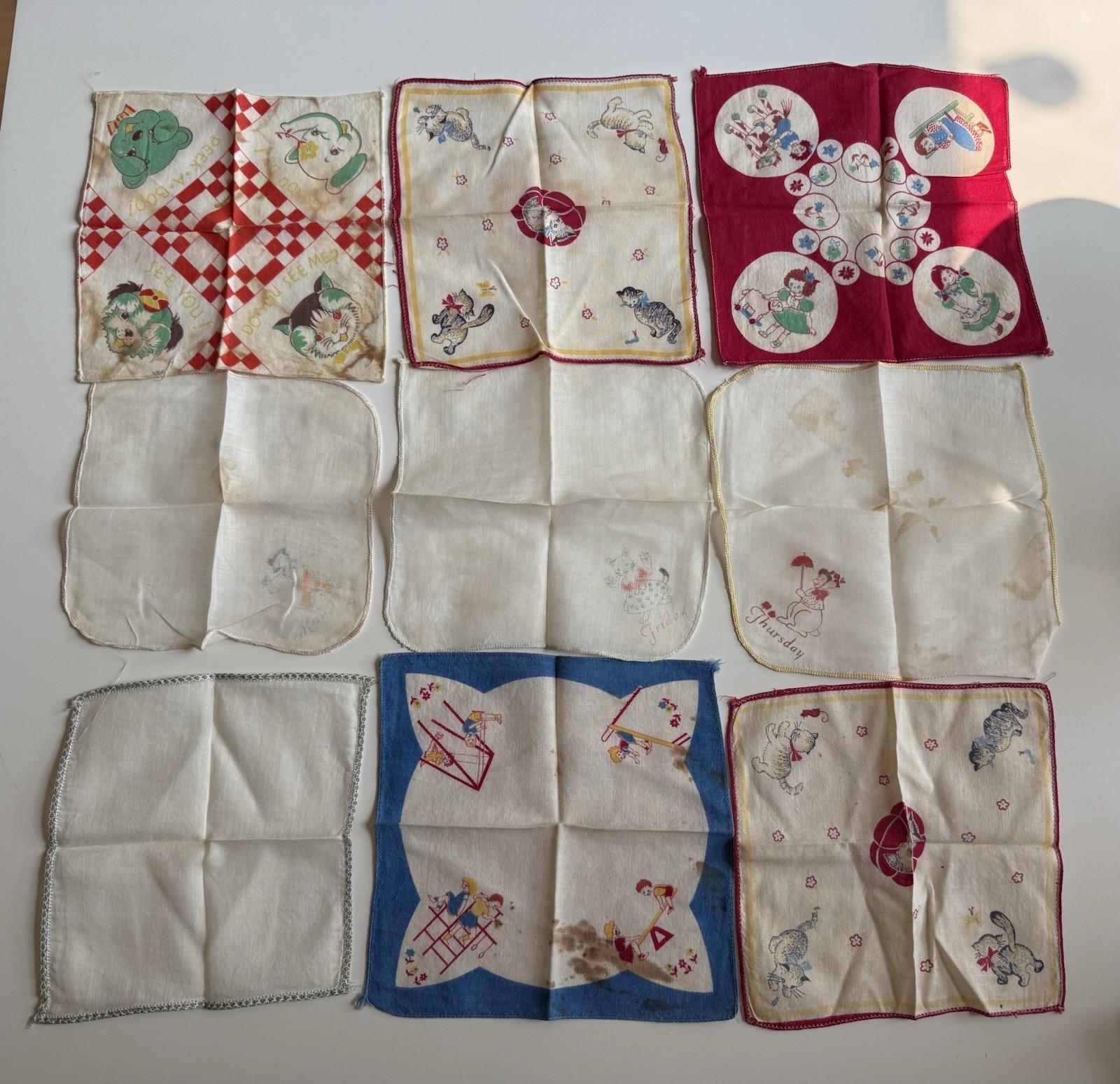 Lot Of 9 Vintage Handkerchiefs Child’s Theme See Pics for Stains