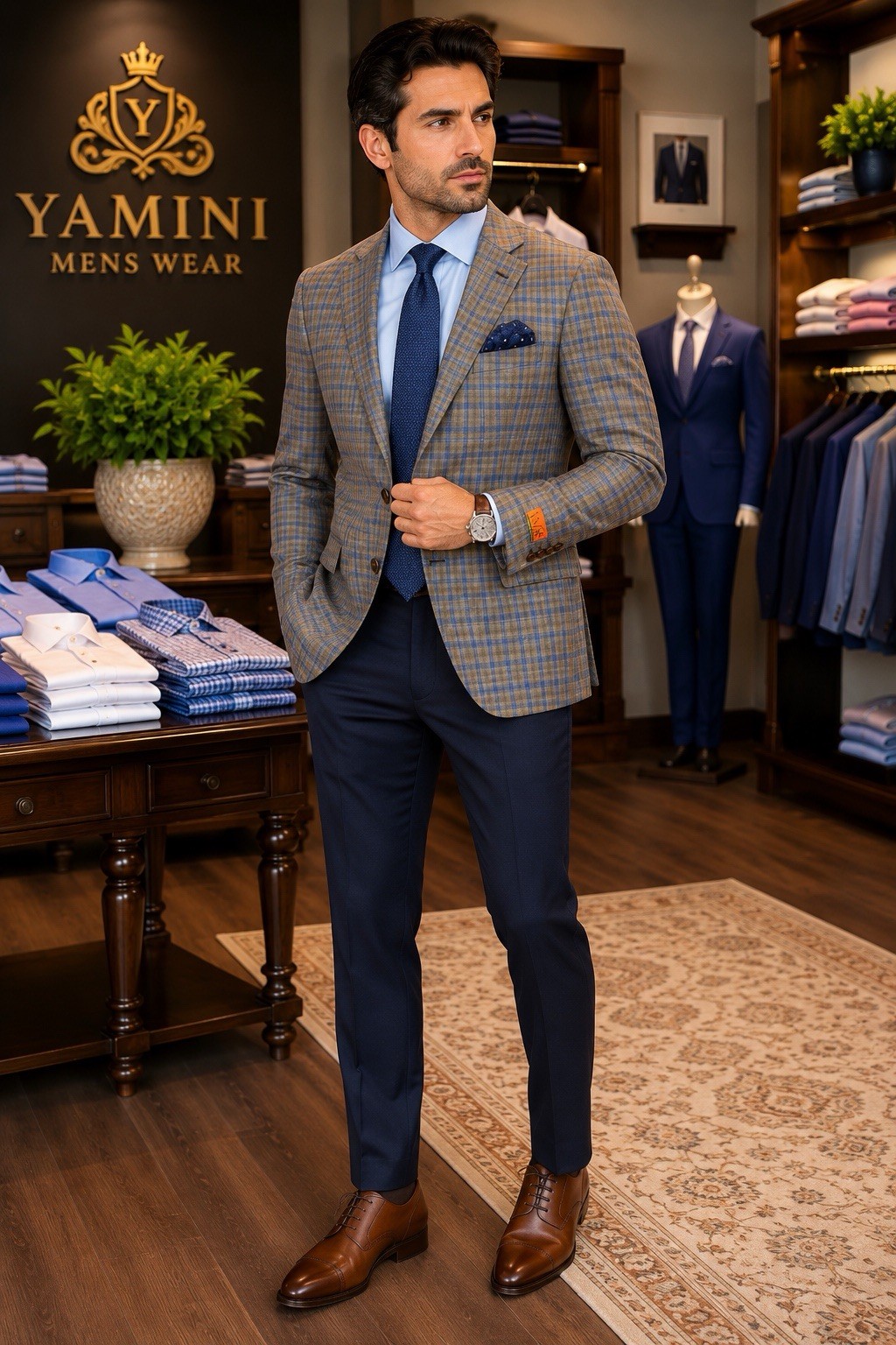Enzo Brown and Blue Glen Plaid check 40R Sport Coat 100%wool Two Button Classic