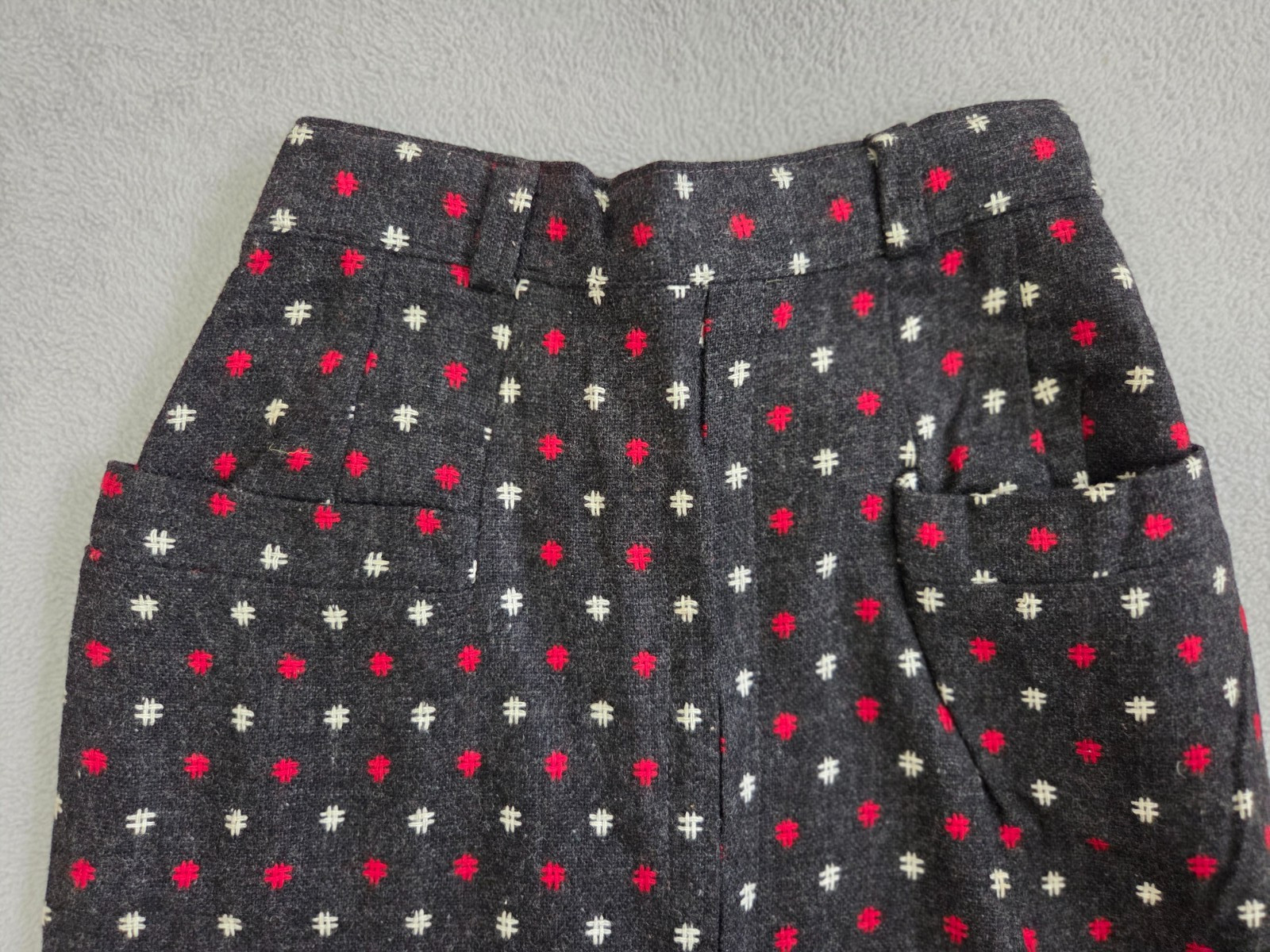Vintage Woman’s Skirt 100% Wool Home Sewn 1960’s Grey with Red/White Pattern