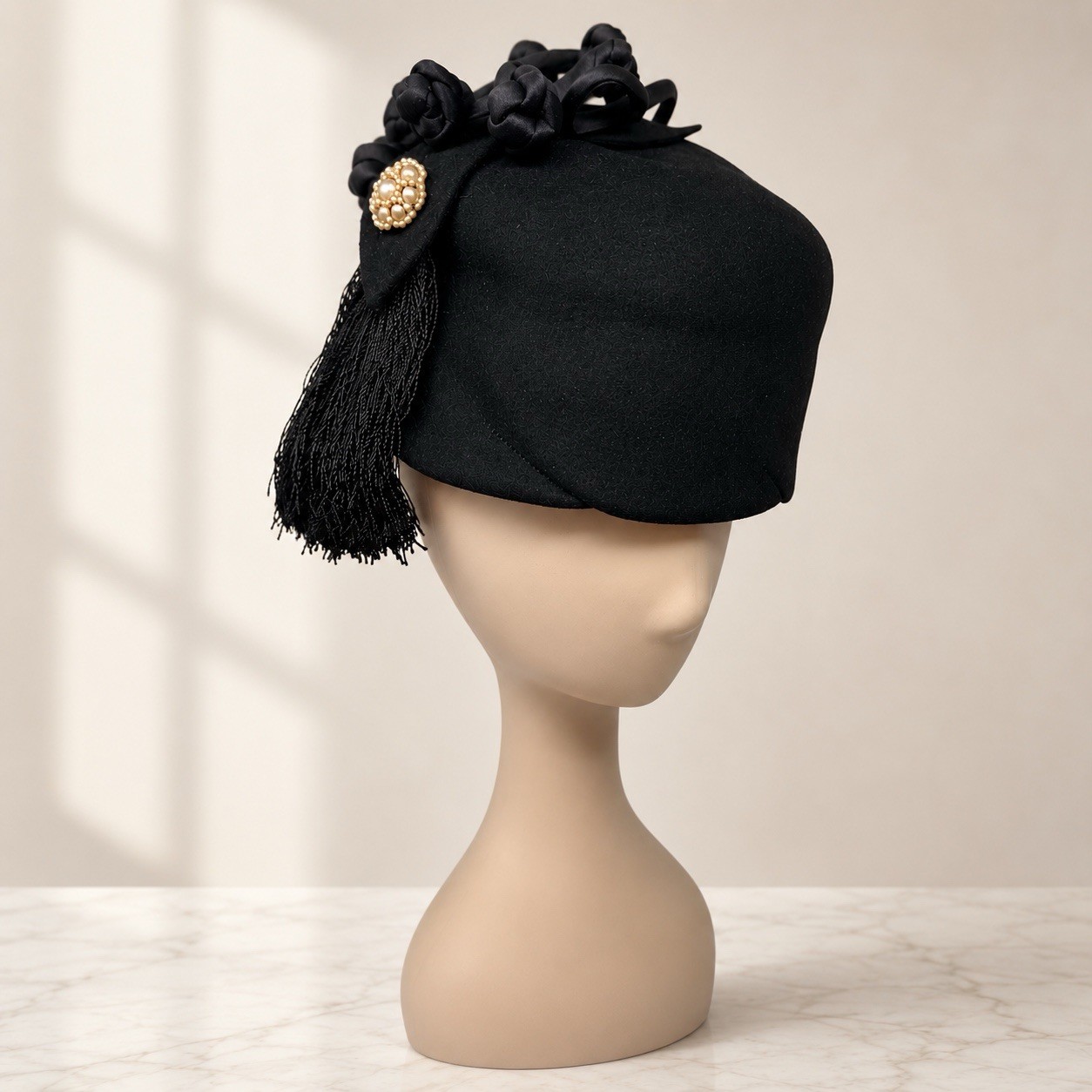Vintage French Black Toque Hat 1950s Cocktail Tassel Pearl Eddy Paris France