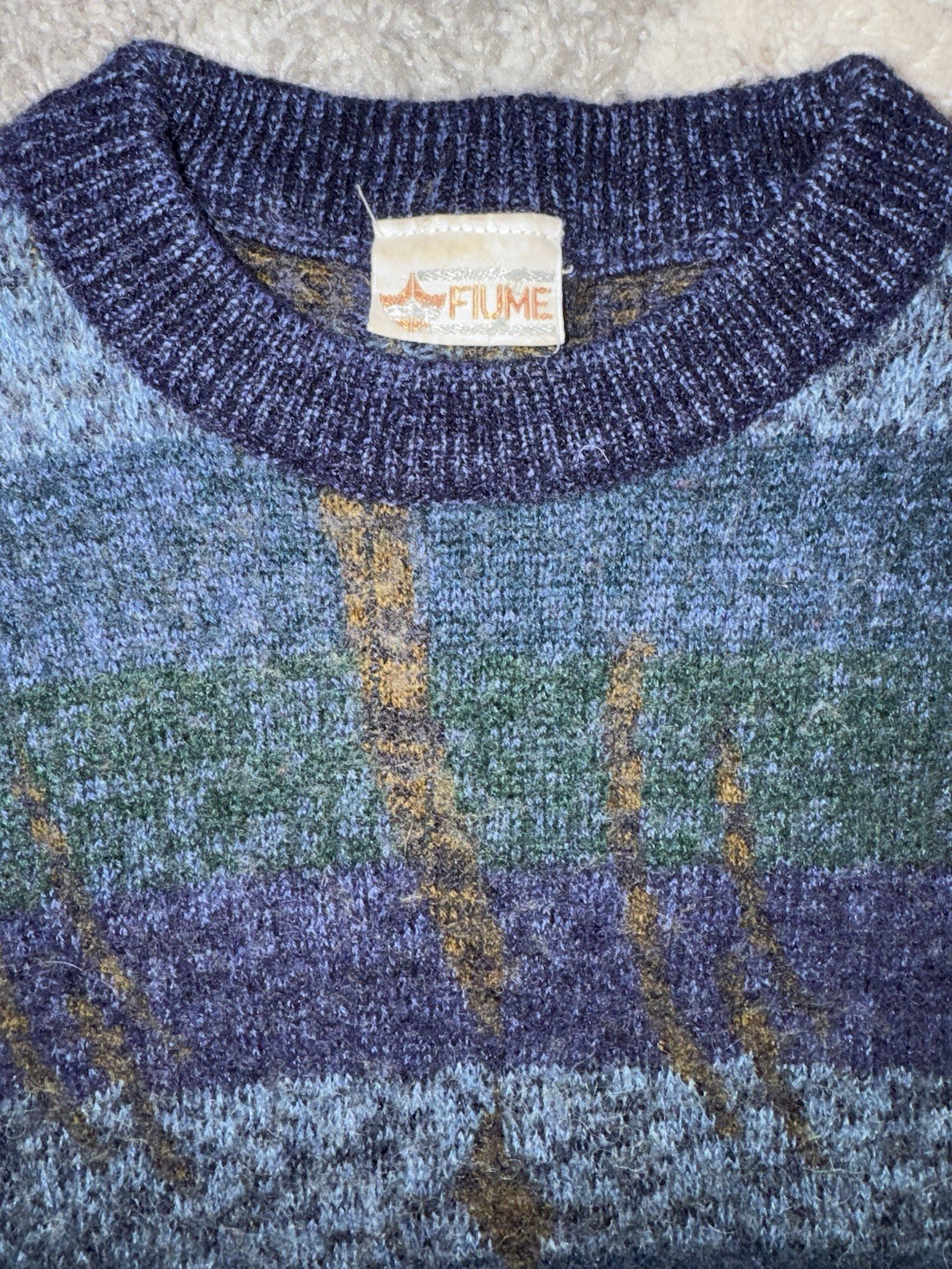 Vintage 80s Made In Italy FIUME Lambswool Sweater Blue Pattern Knit Size Small