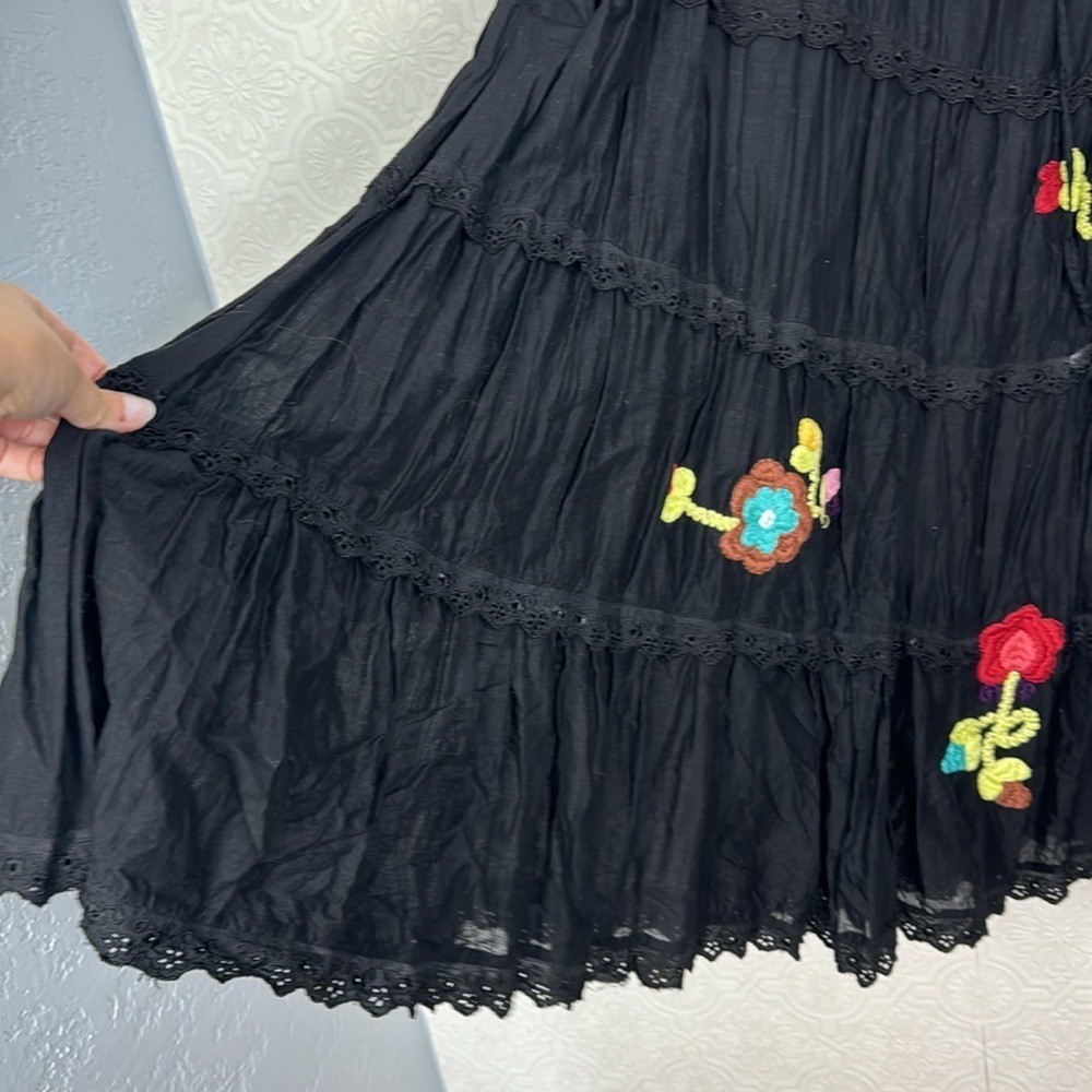 Y2K 90s Vintage Maxi Skirt Goth Whimsical Embroidered Boho Hippie Black Garden