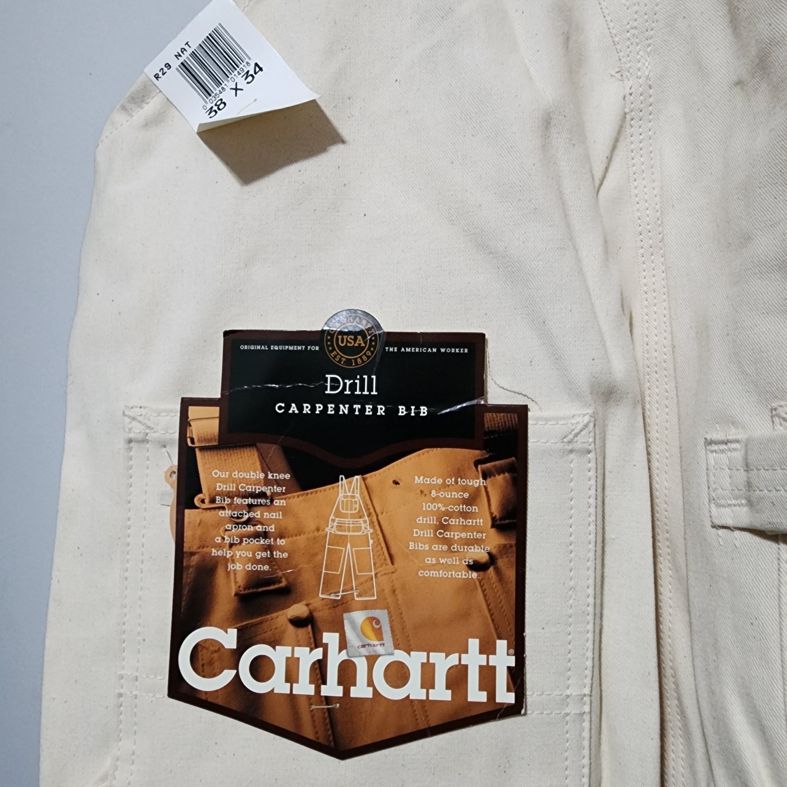 NWT Vintage Carhartt R29 NAT Natural Drill Double Knee Bib Overalls USA 38×34
