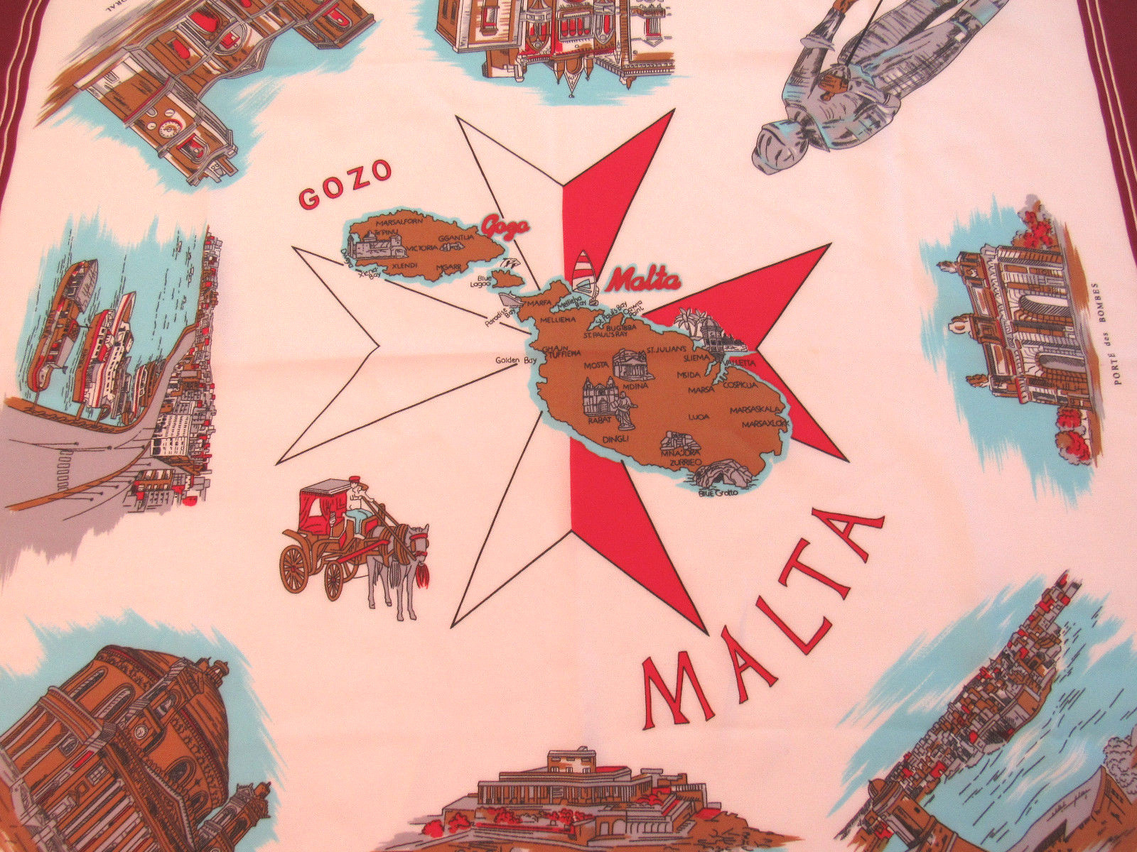 VINTAGE 70s 80s ALBERTO SERRA MALTA COMMEMORATIVE SCARF POLY 30″ by 30 1/2″