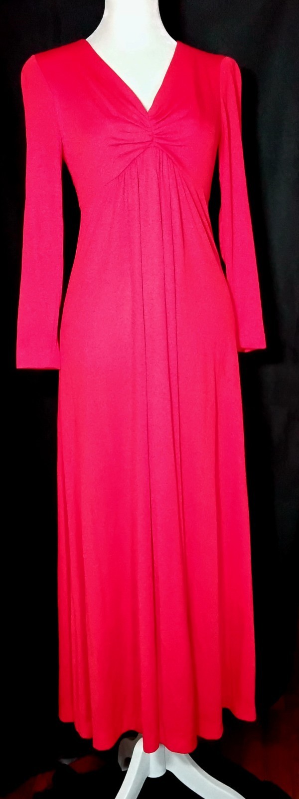Vtg 70s Shawn Jrs Petite Long Sleeve Maxi Red Dress V Neck Sz 3 USA Union Label