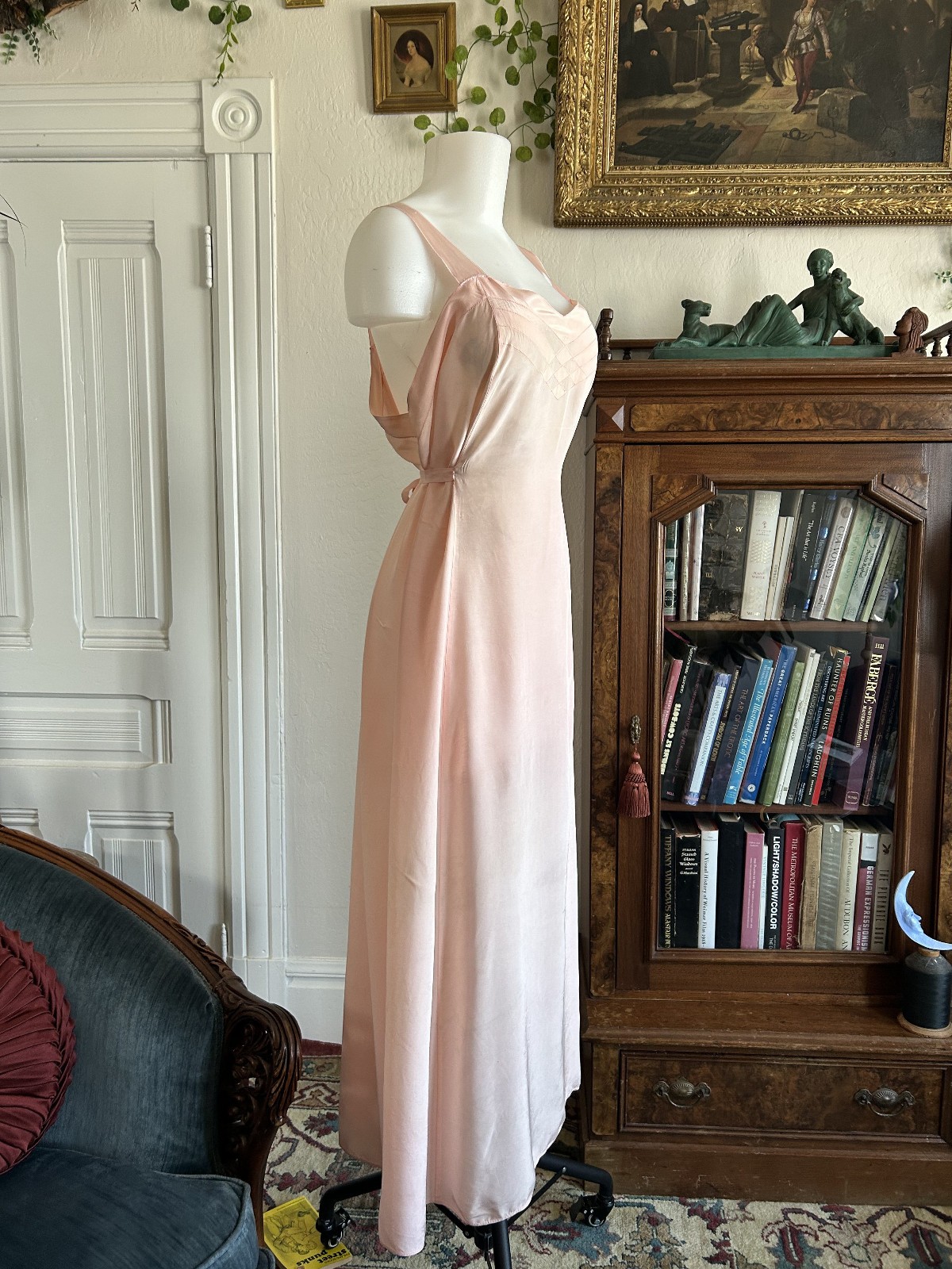 Vintage 20s 30s Rayon Bias Cut Nightgown Blush Pink Lingerie Dress M/L VTG