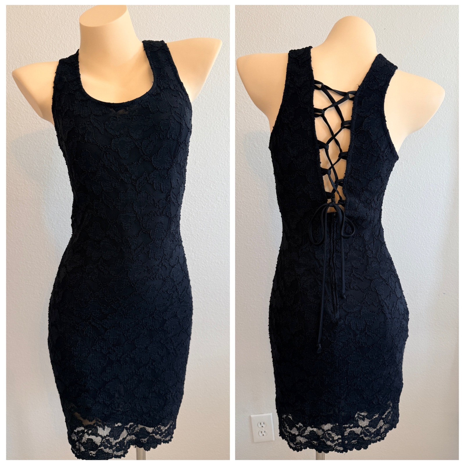 Rampage VTG Stretch Lace Corset Tie Back Black Mini Dress S Goth Punk Bodycon