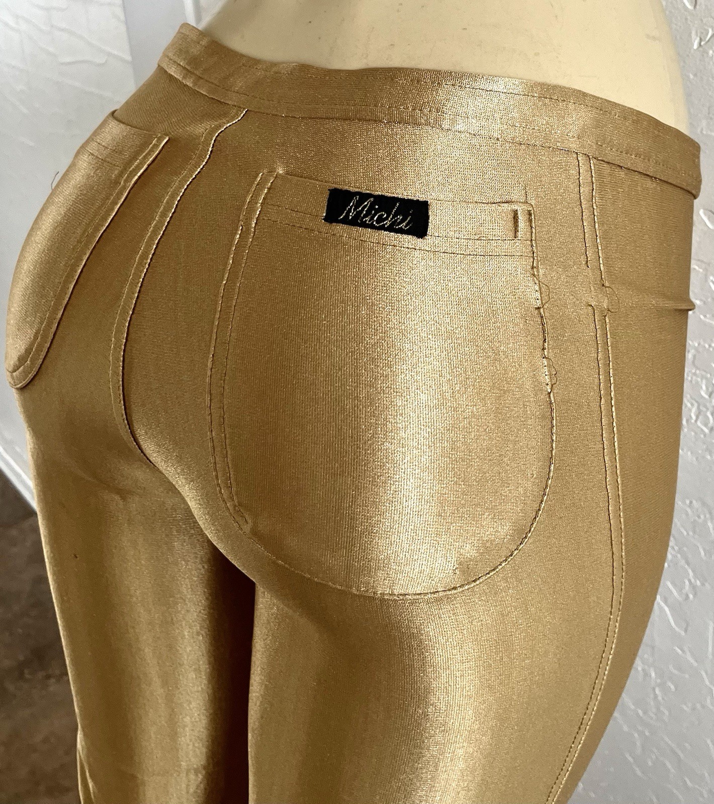 True Vintage 1970s Michi Gold Spandex Bootcut Disco Pants Talon 42 Zip-Sz 9 READ