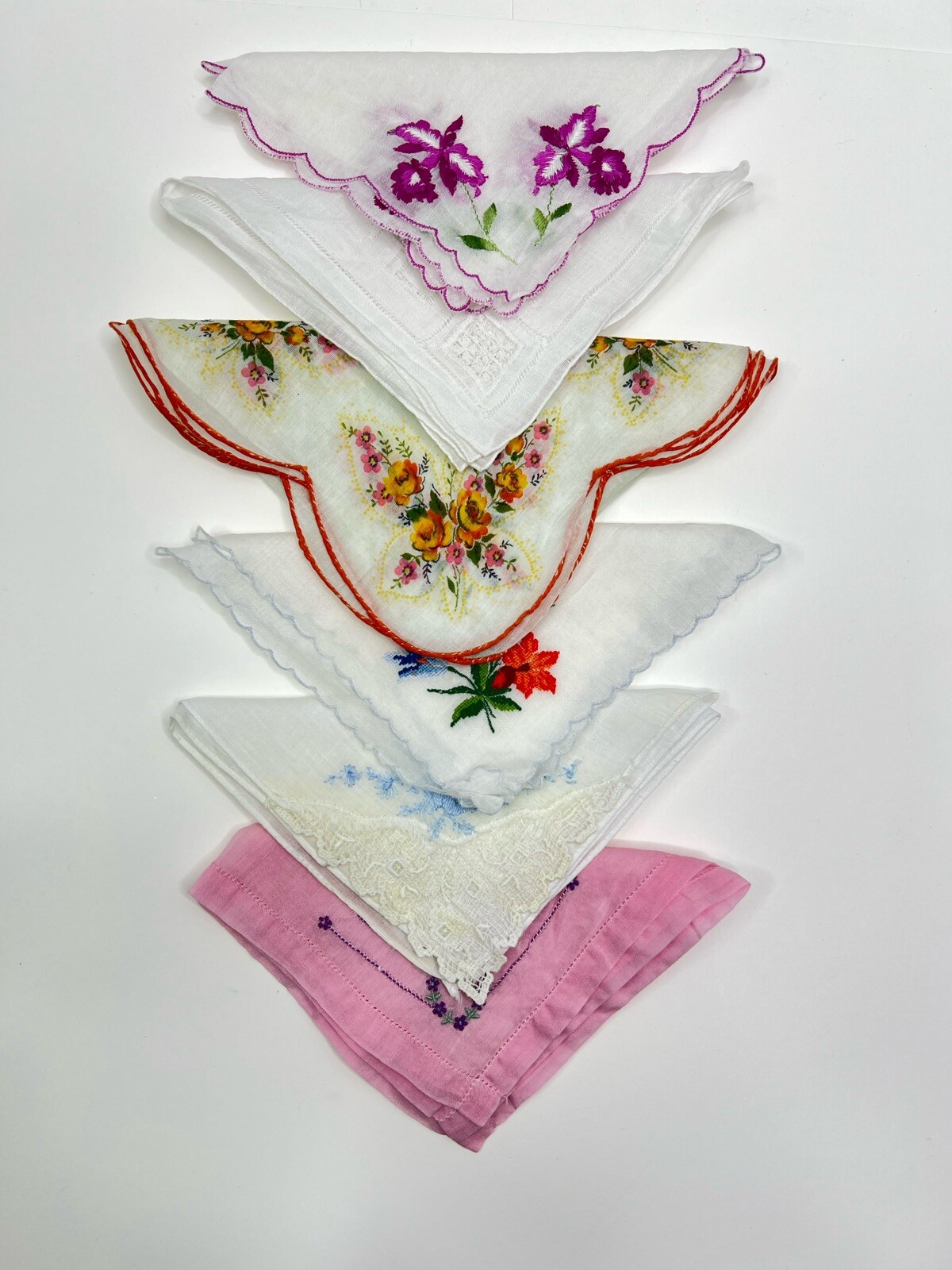 Vintage Colorful Floral Lot Of 6 Assorted Hanky Handkerchief Hankie Pink