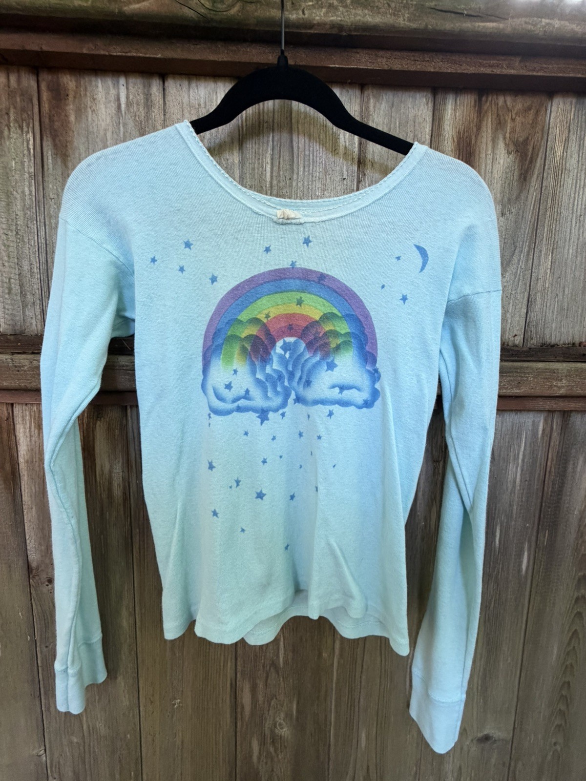 Vintage 70s Airbrush Rainbow Clouds & Stars Baby Rib Long Sleeve T Shirt Hippie