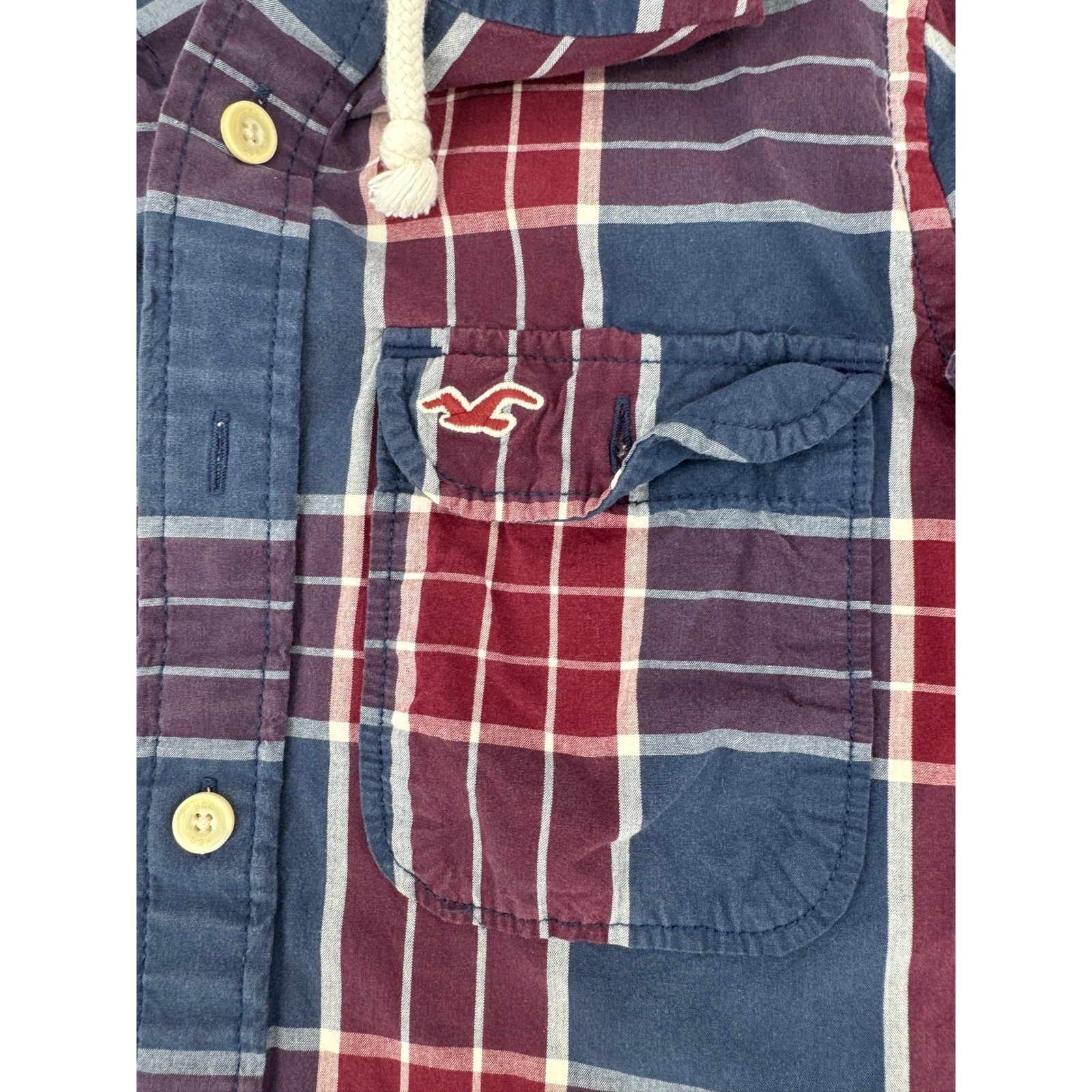 Hollister Mens Shirt Medium Hooded Button Down Blue Red White Cotton
