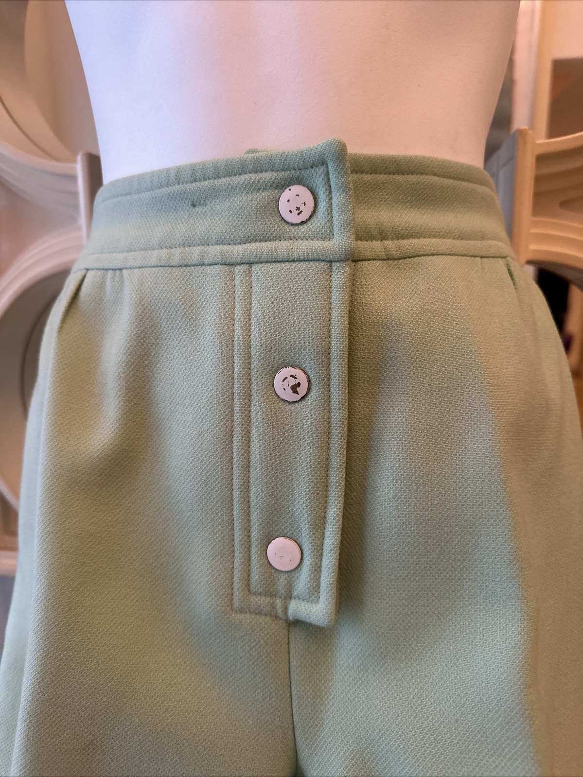Courreges Hyperbole From I Magnin 70s High Waist Wide Leg Green Wool Trousers XS