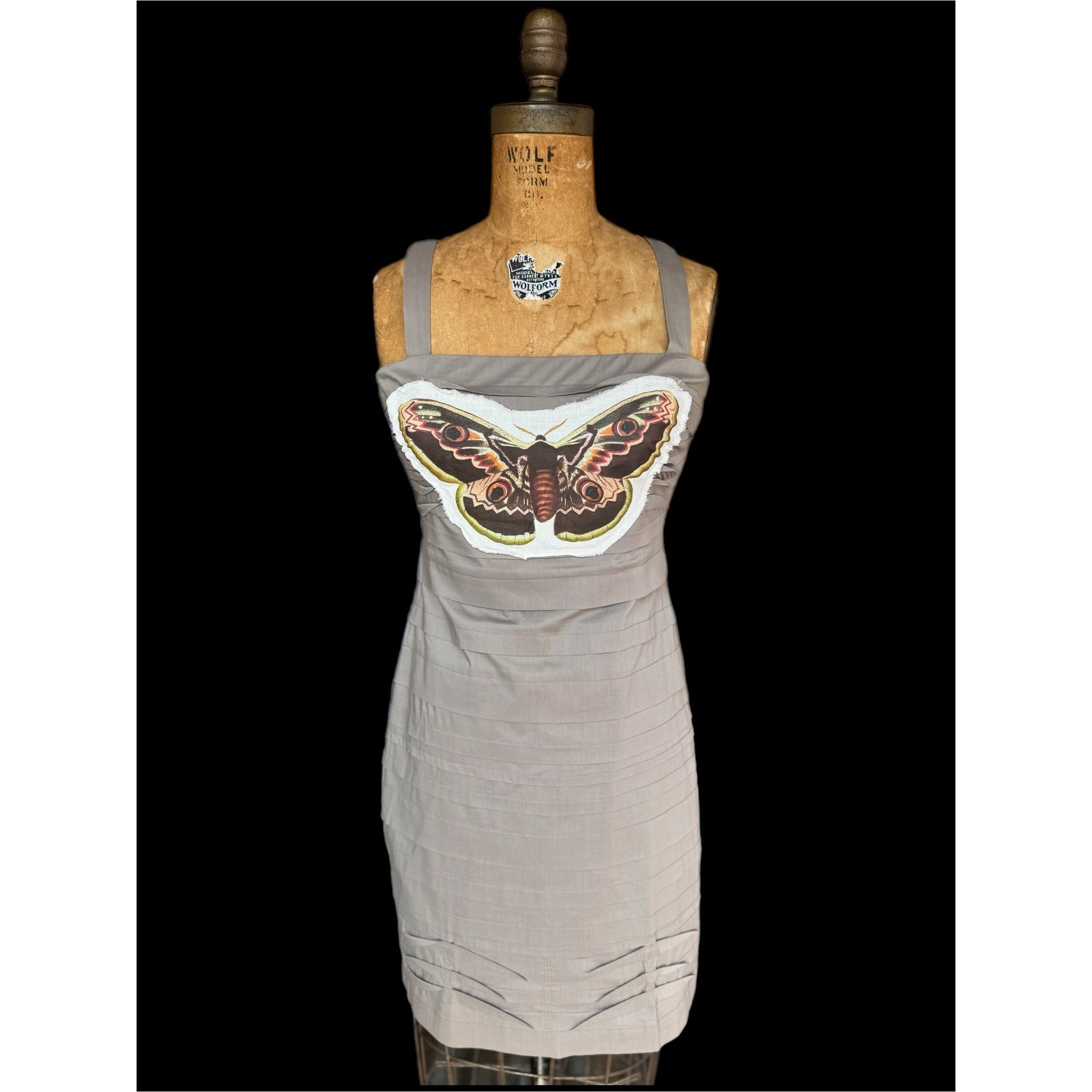 Upcycled BCBG Dress Moth Patch Bodycon Folk Art Whimsygoth Mini Size 2