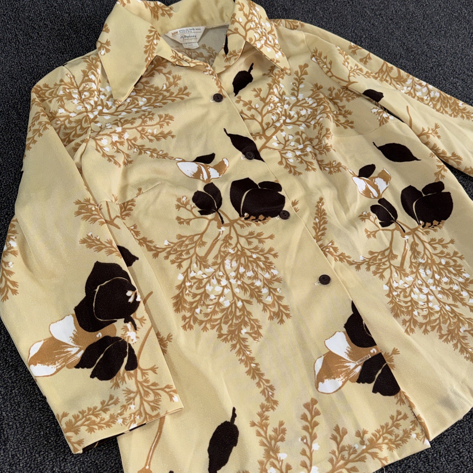 Vintage 70s Jc Penney Wide Collar Disco Polyester Shirt Retro Size 22.5 XL Brown