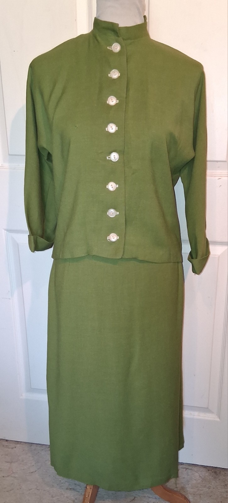 Vintage 50s Olive Green Skirt Suit Cotton Linen B40 W26 Size 14
