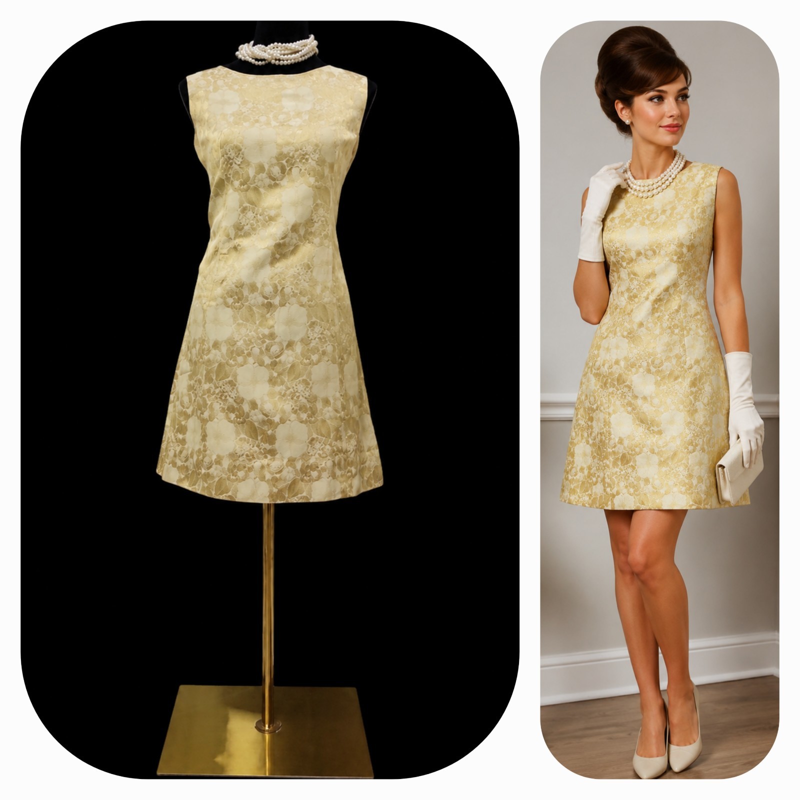 Vintage 1960s Gold Ivory Floral Jacquard Shift Dress Jackie O Mod Cocktail