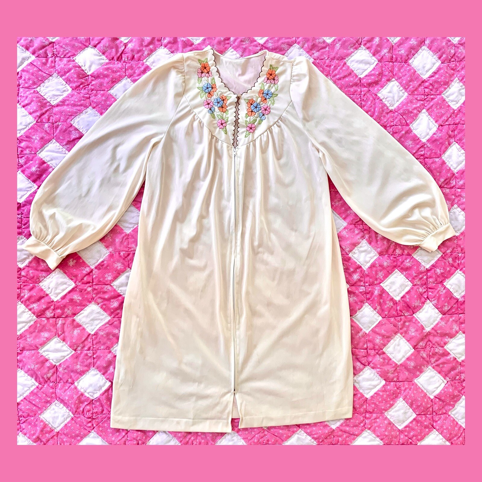 Vintage 70s cream pastel floral balloon sleeve mini nightgown M/L
