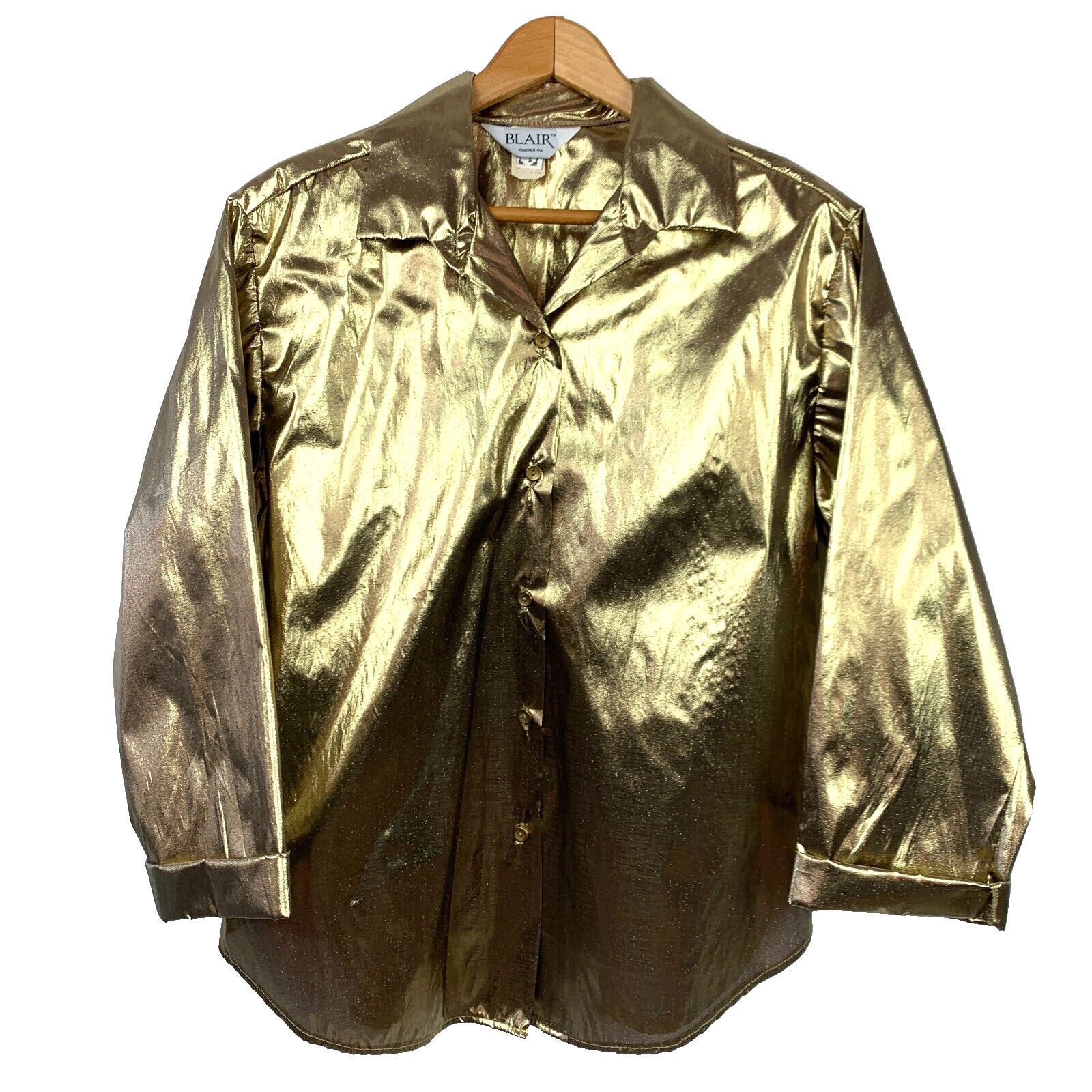 Vintage Blair Very Metallic Shiny Sheer Gold Long Sleeve Button Shirt Size 18