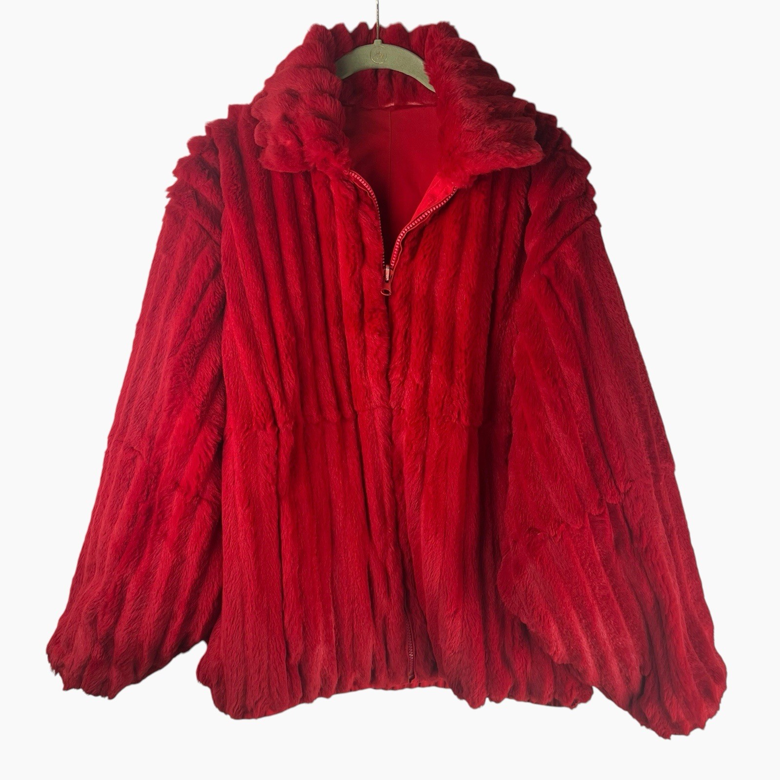 Vintage Red Rabbit Fur Coat Large Bomber Jacket Zip Glam Rock Reversible Stripes