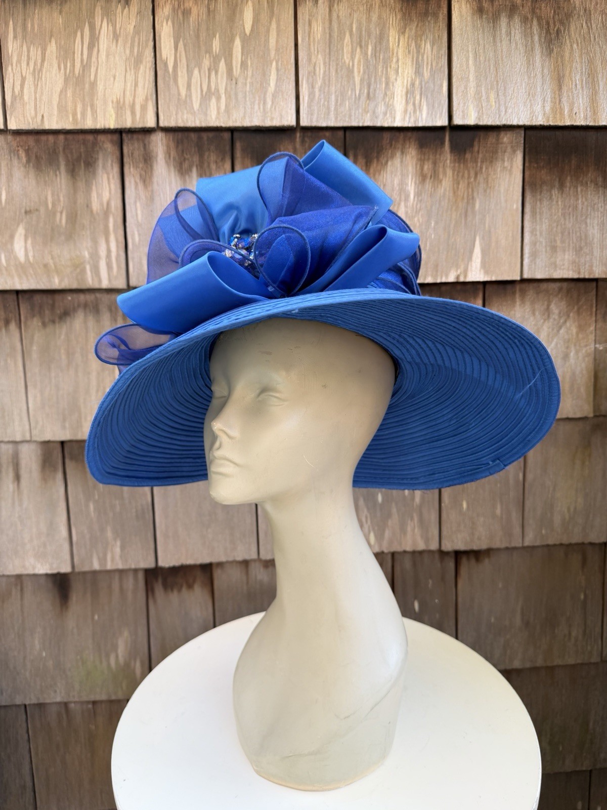Vintage Oversized Brim Church Hat Bright Blue Sz 22.5”