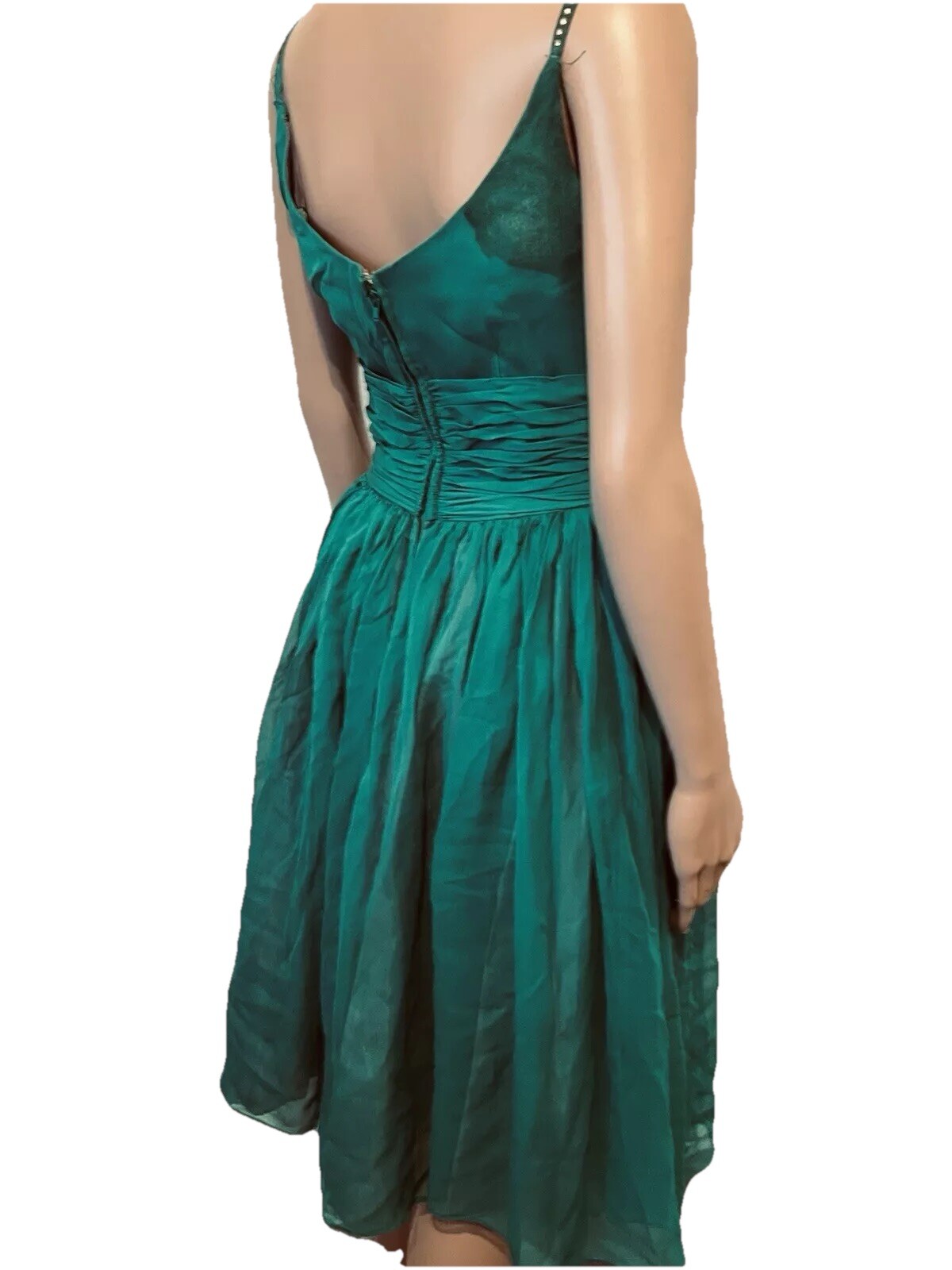 VTG 50s Emerald Green Cocktail Dress Bains Las Vegas Rhinestone Spaghetti Straps