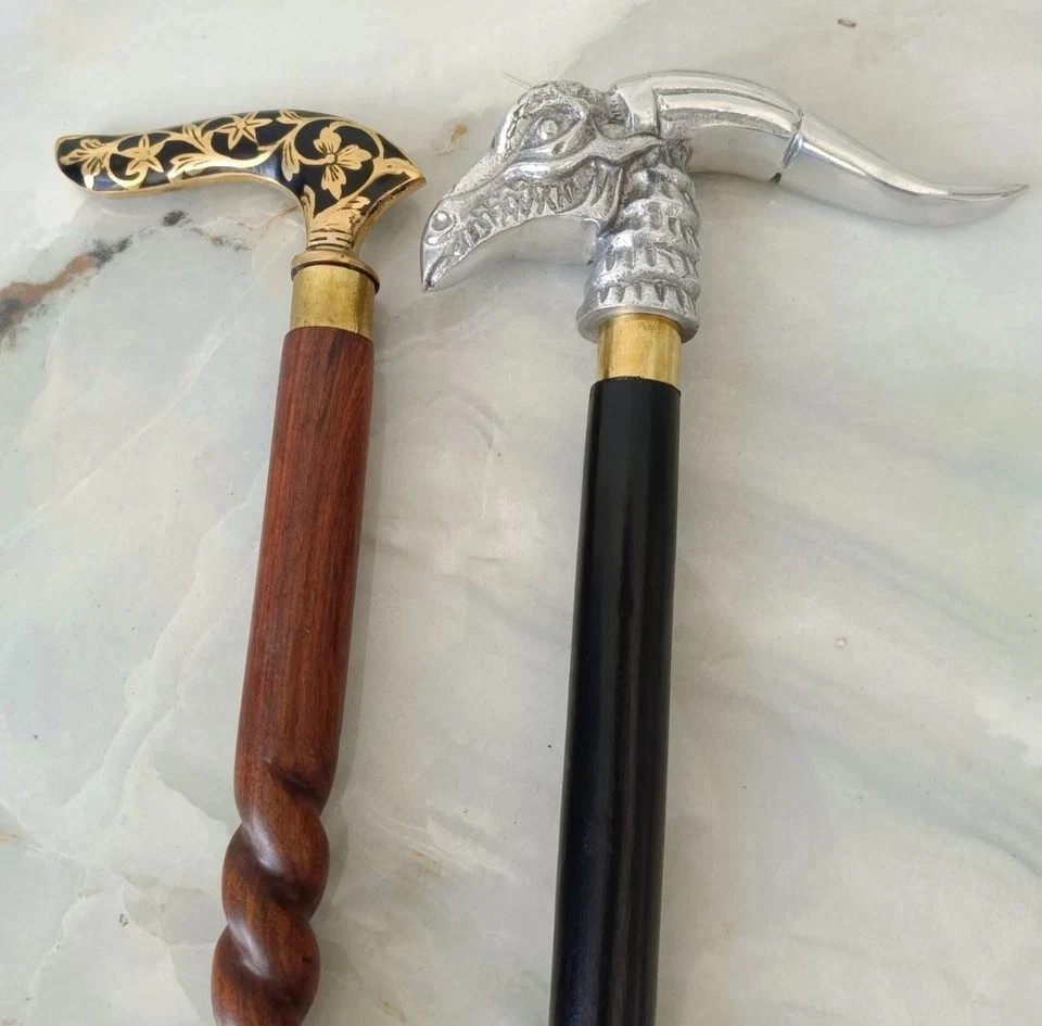 Set of 2 Brass Dragon & Floral Head Walking Sticks Wooden Vintage Gentleman Cane