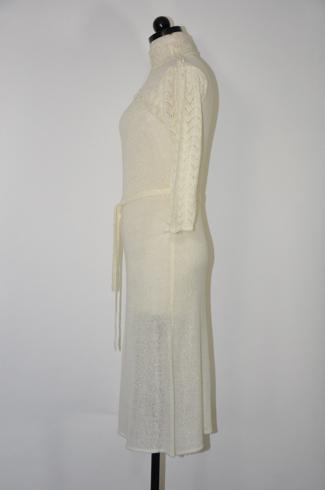 70s Vintage Cream Off White Pointelle Knit High Neck Pearl Sweater Dress Women M