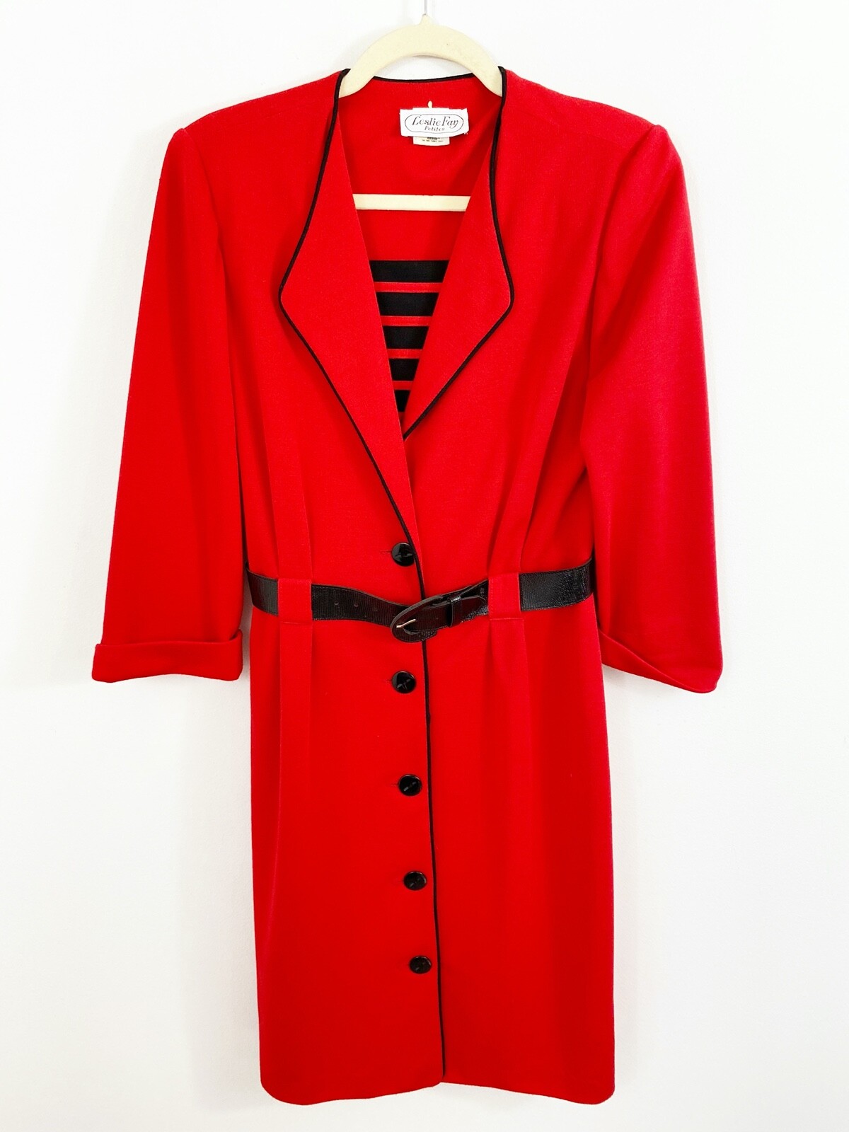 Vintage Leslie Fay Red Belted Maxi Dress Size 12 PETITE Button Front Secretary