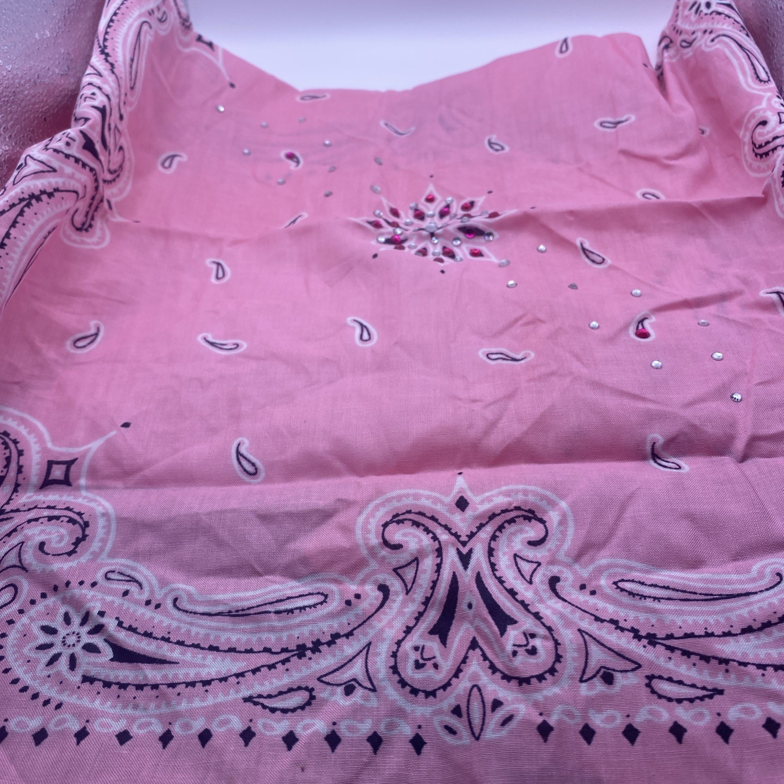 Vintage Pink Western Bandana Fast Color 100% Cotton with Rhinestones EUC