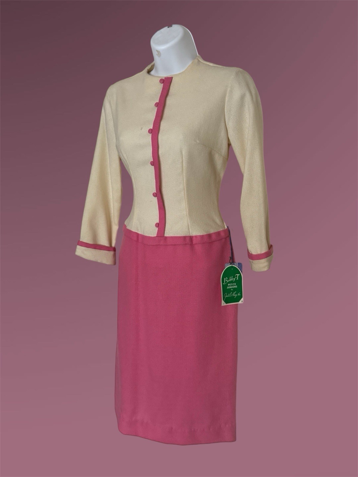 1950’s NWT Vintage Wool Mini Dress Pink & Cream, Bobby-T Petite Junior’s (XS-S)