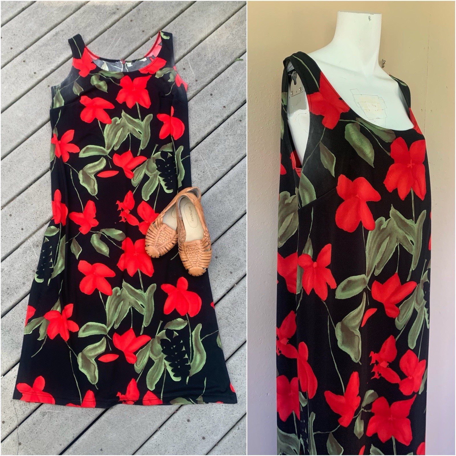 Vintage 90s Red Floral Slip Dress | Sleeveless Scoop Neck Pinafore Dress