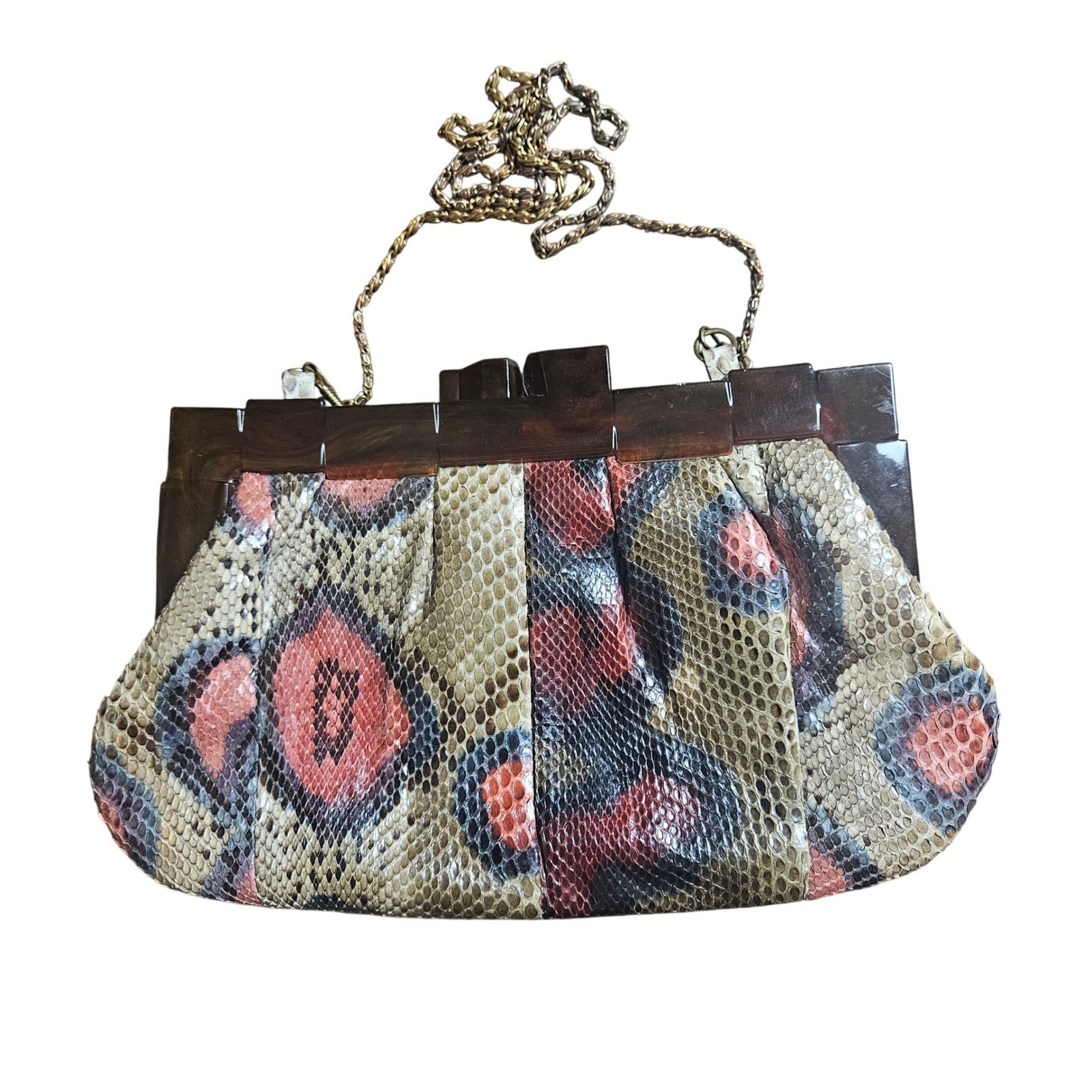 VTG 60s 70s Bags by Varon Exotic Snakeskin Clutch Tortoise Frame Chain Art Deco
